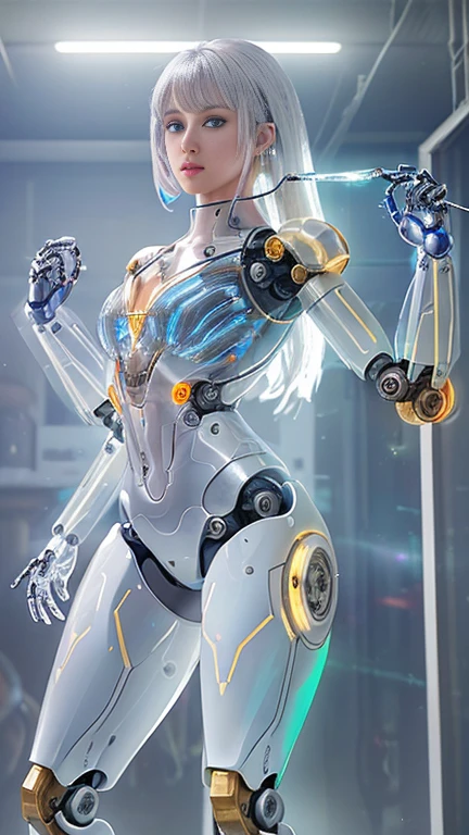 (Best Quality,High resolution,Super detailed,Actual),Ariana Grande Japanese Android Cyborg, Robot parts, A beautiful studio with soft lighting, Vivid details, Deluxe Cyberpunk, (Android body made of white and silver transparent glass and plastic:1.4), , (Silver metal body with internal mechanism+pink), Dynamic pose, Liquid organic ingredients, Detailed engraving, Lace Design, (Shiny golden circuit:1.4), (Beautiful Blue Eyes:1.2),Bright Eyes, (Cowboy pose ), (Realistic) ,High quality 8K detailed art, Fan Art Best ArtStation, Fantasy art style ,(clear glass body:1.4),(Perfect Anatomy) ,超High resolution, (Laboratorio robot futuristic dystopian colors:1.4) , Full Body Shot