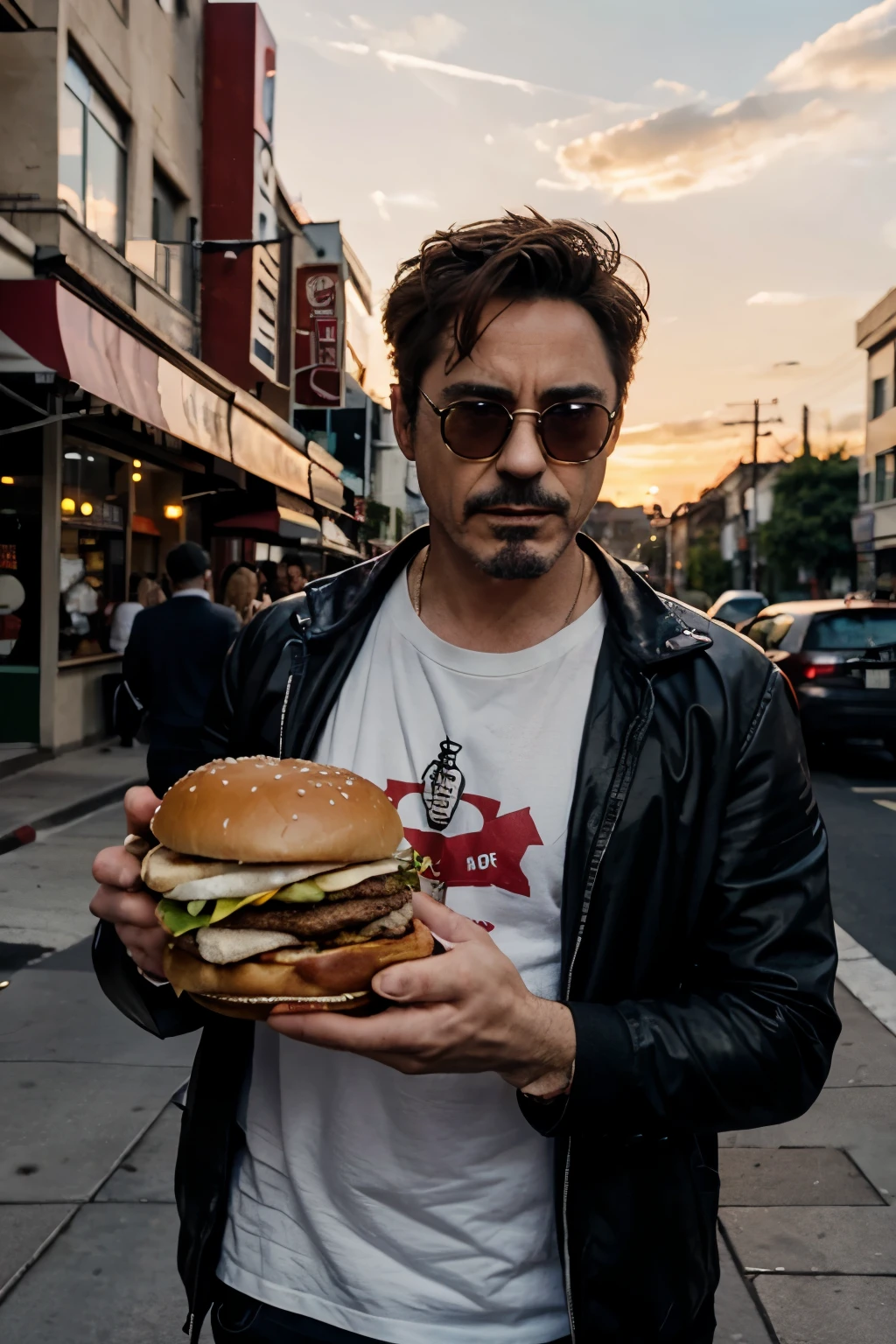 robert downey jnr, stood in a street, eating a burger, LAat sunset, beautiful skies