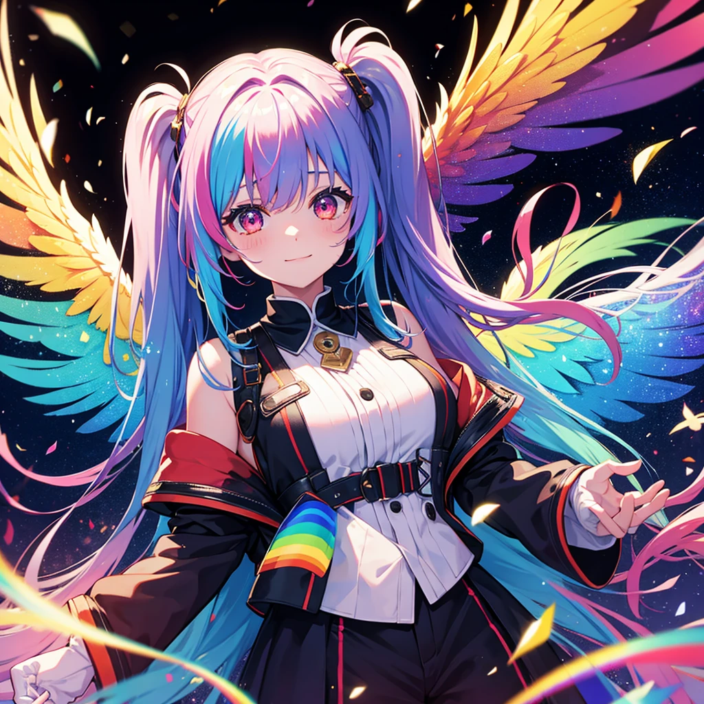 ((Fantasy Rainbow Hair Make your hair rainbow-colored on the inside Twin tails Dull red eyes Have a galaxy uniform Put on a coat without putting your arms through it Wings many times larger than me Lonely Smiling Kindly)) ((Tears gloves)) (Broken glass Distorted Space-Time star) Catch the wind fall Shining Background Particles of light, rainbow-colored edges