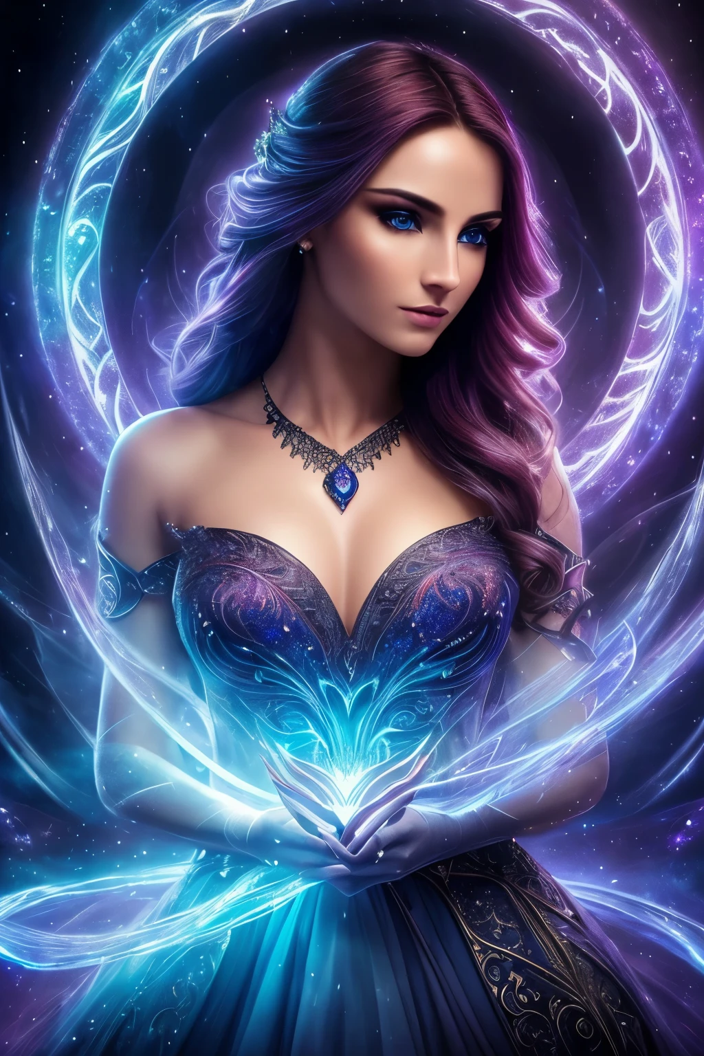 (best quality,4k,8k,highres,masterpiece:1.2), ultra-detailed, (realistic,photorealistic,photo-realistic:1.37), HDR, UHD, studio lighting, extreme detail description, professional, vivid colors, bokeh, sorceress, scarlet hair, piercing blue eyes, mysterious aura, flowing gown, enchanting look, swirling magical energy, ancient symbols, mystical atmosphere, spellbinding gaze, ethereal beauty, magical powers, dark background, luminous skin, intense focus, bewitching charm, intricate jewelry, elegant posture, captivating spell, immersive world, fantastical elements, enchantment, mythical creature, mesmerizing presence