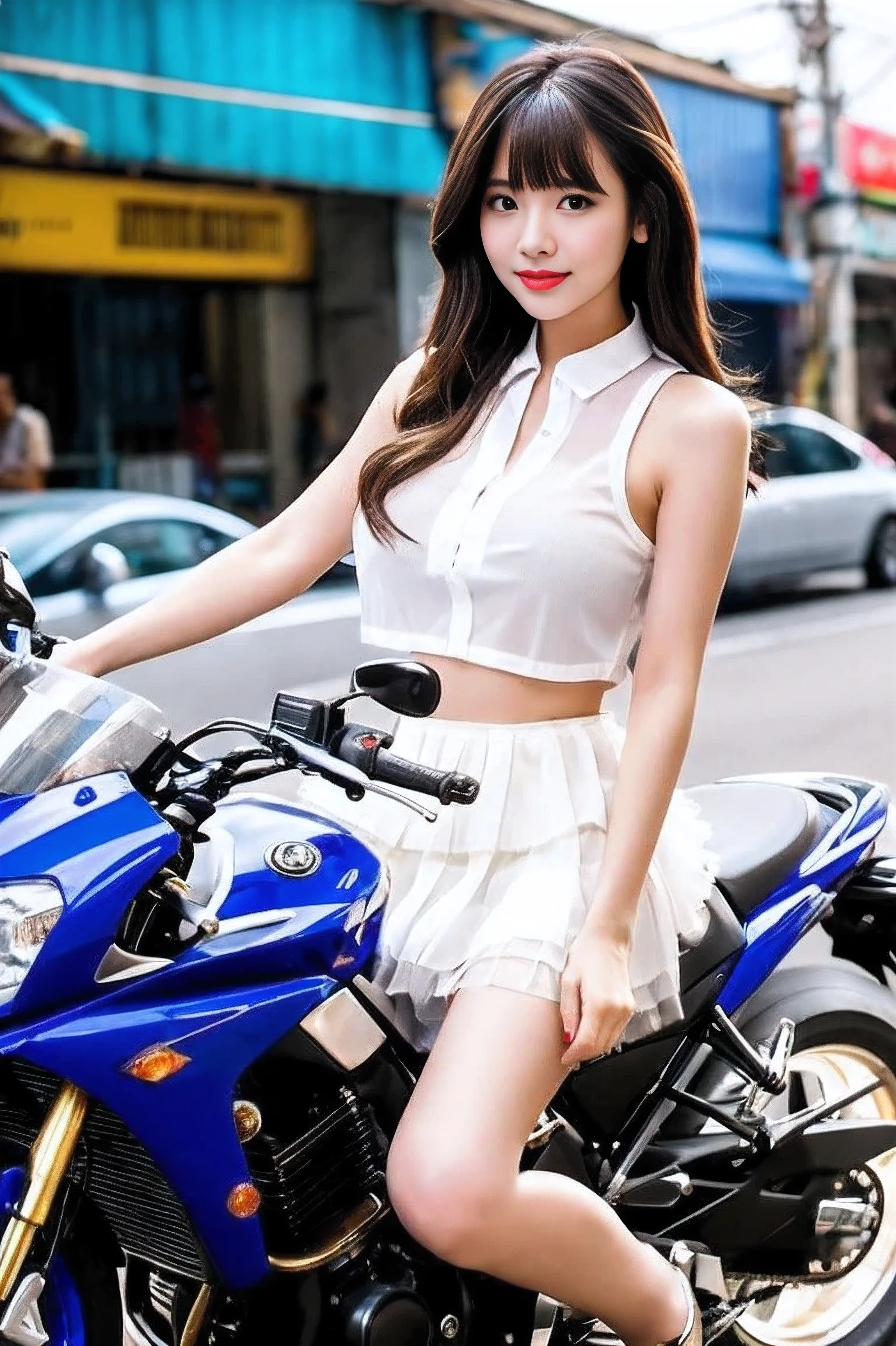 1 Thai woman cute face is red lips and big breasts size cup F, in an office uniform: light white net sleeveless blouse with ruffles, short white thin skirt, long net fish stockings, high red heels. She has a slender body and looks very attractive. She is riding a red Honda NSR 500 cc., motorcycle, high-tech, shiny white, luxurious gold rims, beautiful bright blue lights. Riding a motorcycle on the streets of Bangkok in daytime.