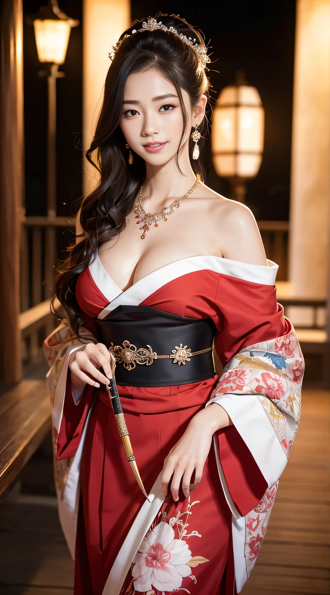 8K Ultra HD, Digital SLR,Film Grain, Fujifilm XT3,(highest quality:1.3), (masterpiece:1.1), High resolution, Cinematic Light, Intricate details, (Realistic) (Night view) Realistic backlight、Dramatic red toned light、Beautiful Japanese Geisha full body photo, ((Facial texture Pore details)), Grin、Devilish smile, Simple messy hairstyle, Wearing a black satin kimono with a traditional dragon motif, Open shoulders, Colorful dragon tattoos all over the body, Has a long blade, Inside a traditional villa,((Holding a white-hilted Japanese sword、A black sheath is worn on the waist)),, 8k, Front blur,Ultra HD, Digital SLR,Film Grain, Fujifilm(8k, highest quality, masterpiece:1,2), (Realistic, Realistic:1.37), Very detailed, One Girl,), (Very detailed), (Detailed and beautiful eyes), (highest qualityの), (Very detailed ), (masterpiece), (Detailed face),woman((19 years old)), hair((red, Wavy, length)), eye ((red eye, big eye)), Clothes((kimono,big slit, Red floral pattern)), accessories ((Earrings, necklace)), Huge breasts, big , smile, background,Long Hair,Red Clothes,Cowboy Shot