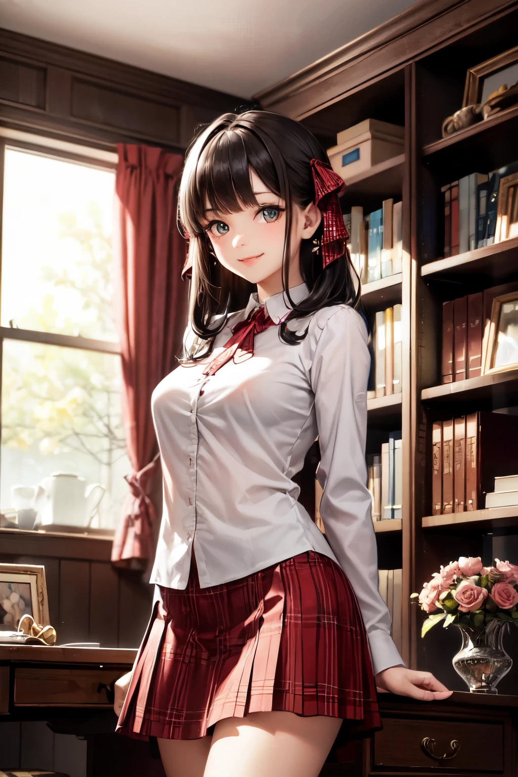 very cute and beautiful girl,(highly detailed beautiful face and eyes),(smile:1.2),cowboy shot,
(white blouse with detailed frills),long sleeve BREAK standing,arms behind back,
hair ribbon,black hair,hime cut,(scarlet plaid mini skirt)
 BREAK antique living room,flowers in vase,wooden desk,(bookshelf:0.9),jewelry box,european carpet,distant trees,
(best quality,masterpiece),absurdres,highres,ultra-detailed,extremely detailed,32k,8k resolution,
intricate details,cinematic scene,detailed background,solo,dynamic angle,