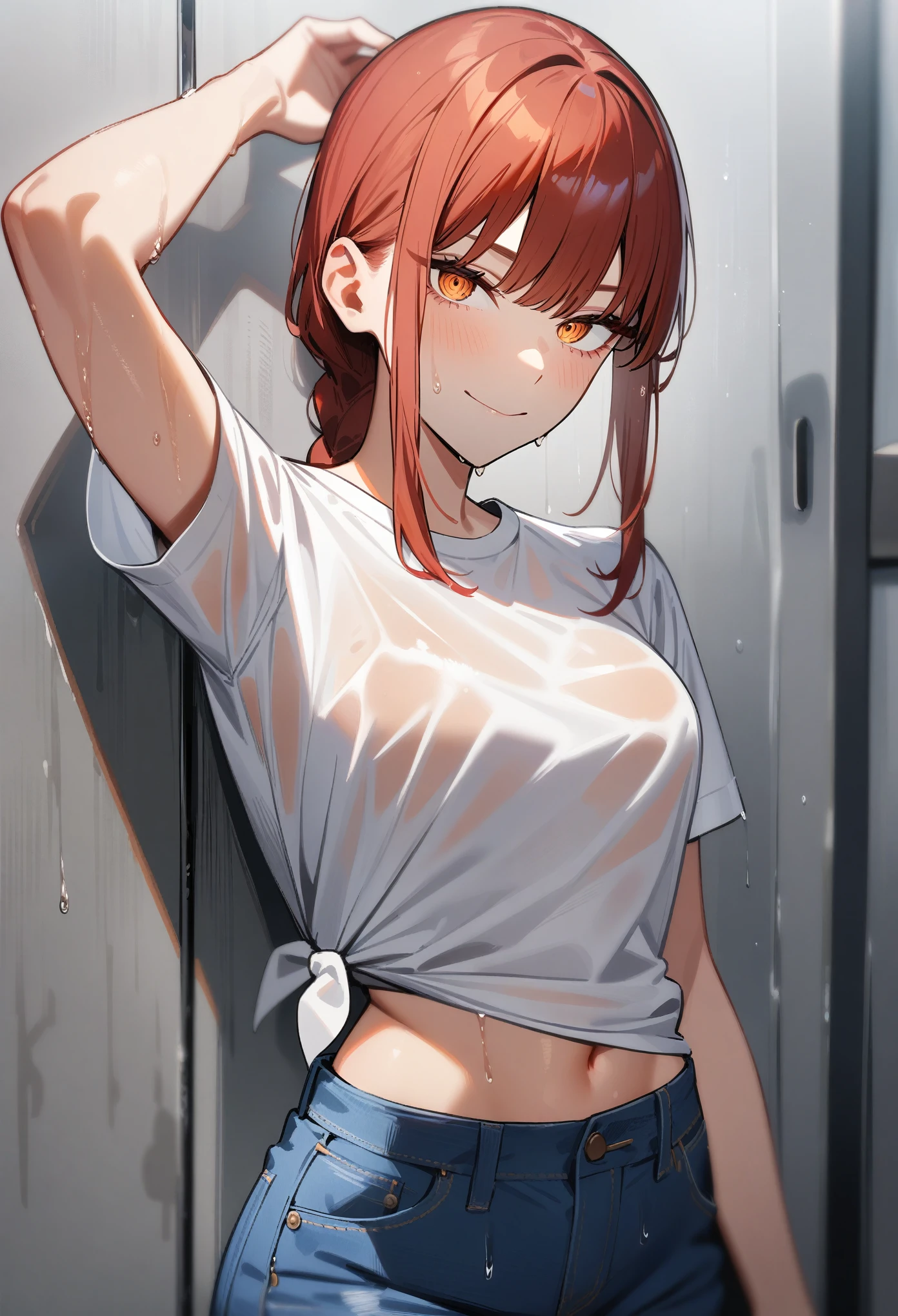 1girl, makima, chainsaw man, red hair, (smirk:0.7), looking at viewer, front view, (wet), white t-shirt, knotted t-shirt, midriff, jeans, masterpiece, best quality, very aesthetic, absurdres