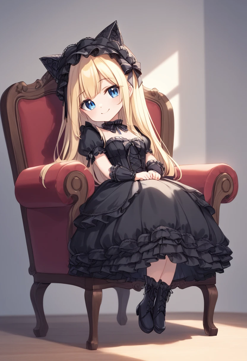 1 chibi girl,(cute face:1.2),(chibi character:1.2),chibi style,Subtle Smile,Bright blue Eyes,blonde hair,medium bouffant hair,black Gothic Lolita Dress,black headdress,full body,sitting,sharp focus,cinematic lighting,(masterpiece),(saturation adjustment:1.2),(best quality),(beautiful),(ultra-detailed),(an extremely delicate),ultra high res,delicate facial features,realhands,