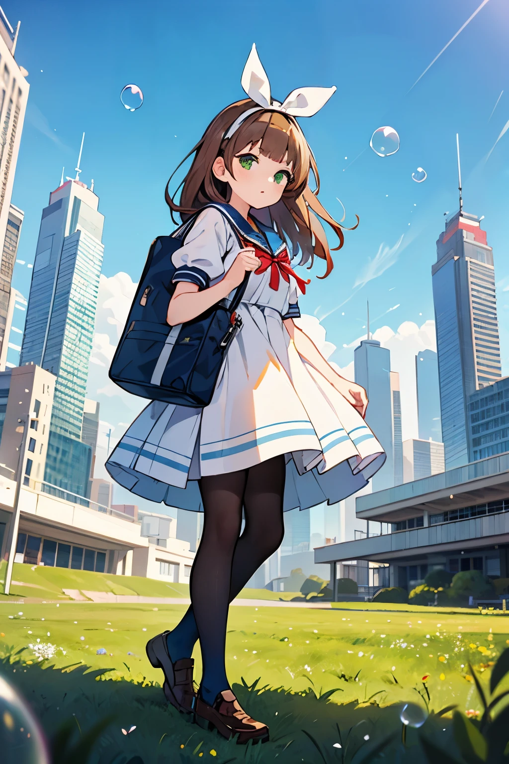 (best quality,4k,highres),ultra-detailed,realistic,portraits, Japaneese school girl, green eyes, long brown hair,anime style,futuristic, Frutiger Aero aesthetic, eco- modernism, bokeh, ribbon headband,small breast,futuristic sailor lolita dress,puffy sleeves,white and blue,colorful lighting, red ribbon, navy blue pantyhose, school shoes, school bag, school crest, floating bubbles, standing in a green field with futuristic skyscrapers in the background, blue sky with clouds, tertiary colors, highly detailed, 4K.
