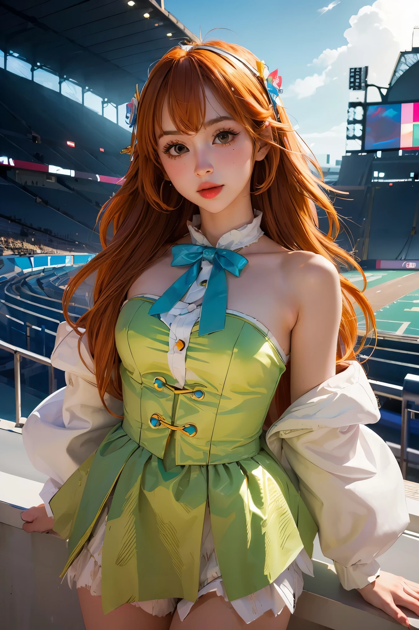 (masterpiece:1.4), (best quality:1.4), extremely detailed, intricate, hyper detailed, (PERFECT FACE), illustration,soft lighting, scenic, 1girl, happy, Vivid auburn hair, colorful, colorized, from_below ,fish_costume , stadium