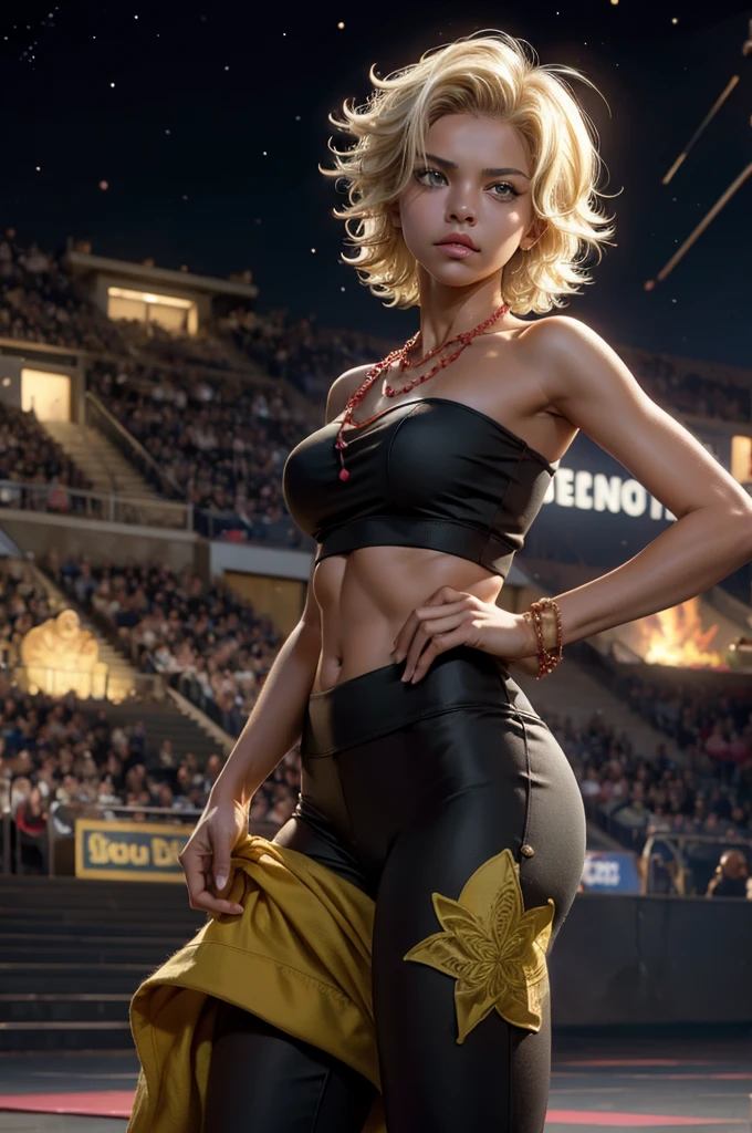 arslanaltan, 1girl, blonde hair, short hair, green eyes, dark skin, brown skin, hair ornament, t-shirt, bare shoulders, yoga pants, necklace, (Masterpiece, Best Quality, Highres:1.2), Detailed, Intricate Details, 4K, solo, cowboy shot, high rating, boxing stance, boxing pose, bonfire, crowd, night, stars, closed mouth, serious look, serious expression, looking at viewer,