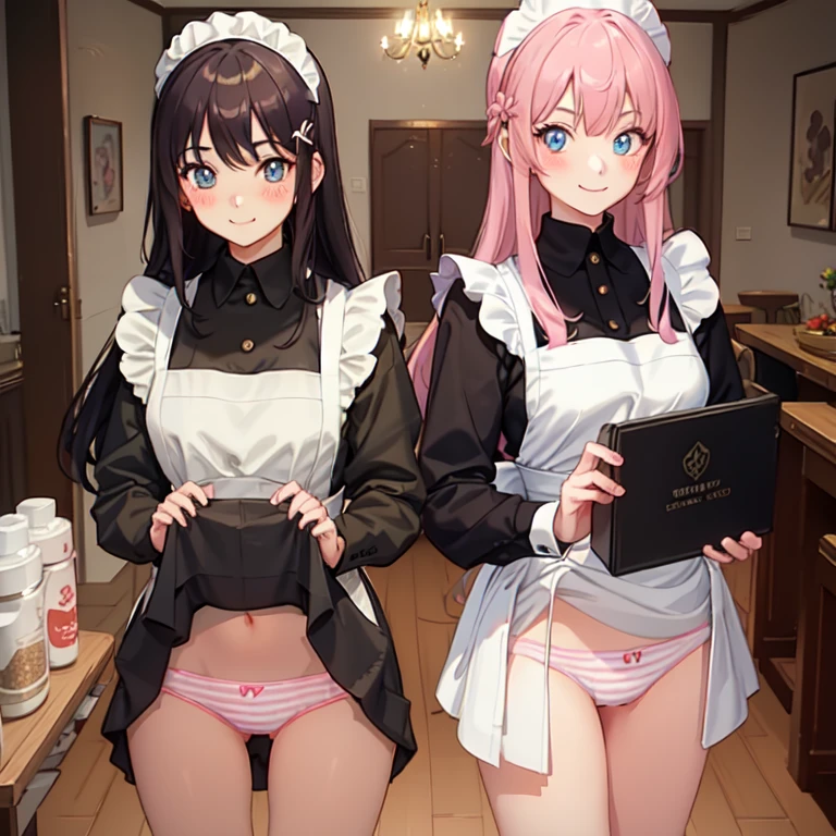 highest quality、masterpiece、((2 girls:1.5))、((smile:1.3))、(blush:1.3)、Black Shirt、blouse、((fun!!))、()、(Small breasts)、(Long Hair:1.3)、()、blonde、(Long sleeve)、((White apron:1.5))、((Maid))、((hair ornaments)),、Kamimei、look at me、 ((in house:1.5))、 A break to observe the crowd、Cowboy Shot、(Skirt flip:1.3),Very exquisite pink striped panties、(Highly detailed panties:1.3)、、(スカート that rolls up:1.3)、(Panties in full view:1.5)、()、Light blue eyes、Long Hair、Glowing Eyes