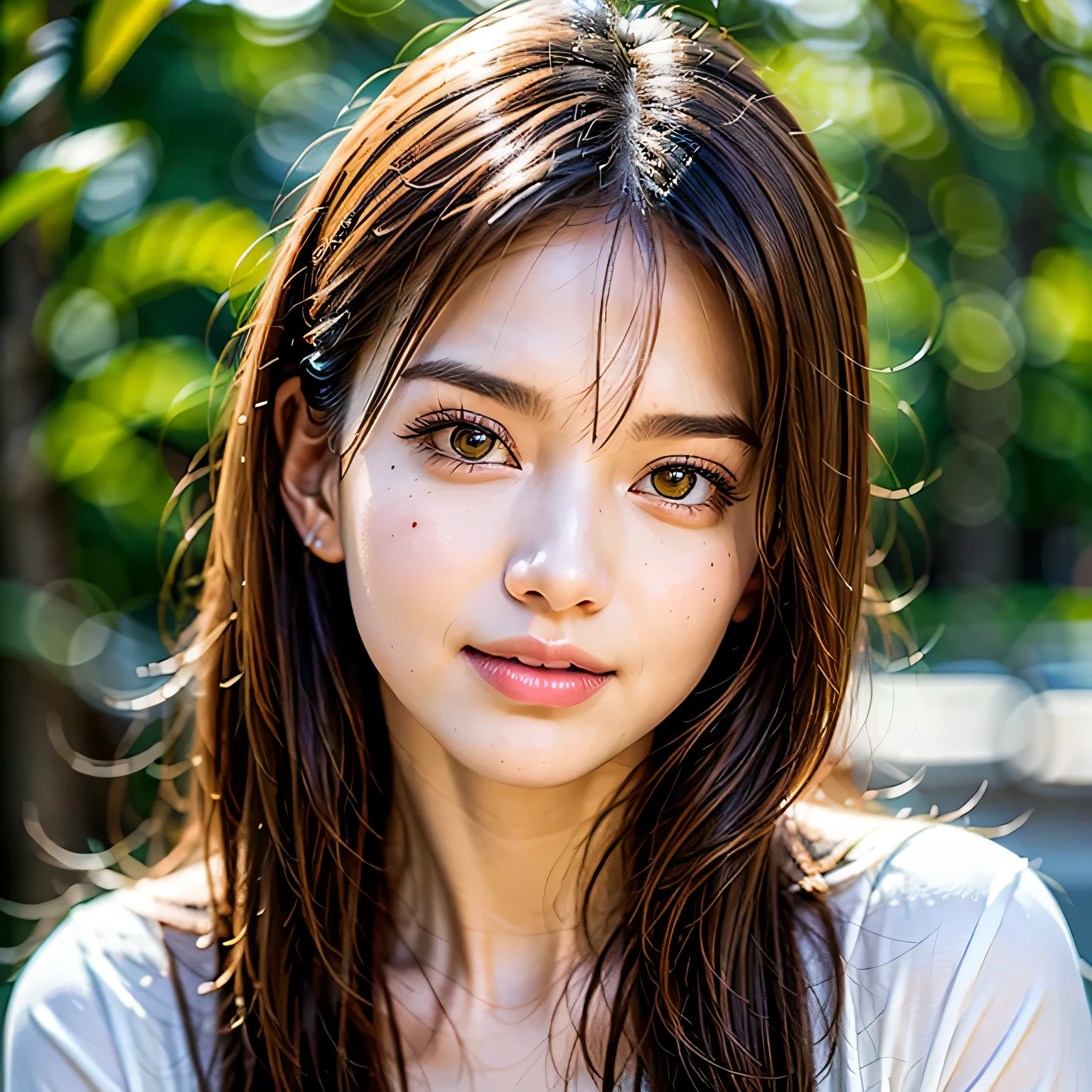 (8k, RAW Photos, highest quality, masterpiece, Realistic, Realistic), (1 female), (Ultimate beauty), Highly detailed face, (Perfect Teeth), Beautiful Eyes, double eyelid, eyelash, smile, Lip details, Brunette Bob, The light shines on your face, ((T-Shirts)), (Upper Body), (background: none), Background Blur