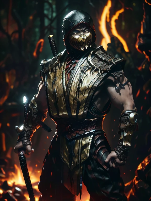 A cinematic marvel: Mortal Kombat's Scorpion Emerges in Ultra Hyper-Realistic Glory in Unreal Engine 5, a man in armor holding a sword standing in front of a fire, style of raymond swanland, inspired by Raymond Swanland, character from mortal kombat, by Raymond Swanland, epic exquisite character art, painted by andreas rocha, diablo digital concept art, scorpion from mortal kombat, mk ninja, mortal kombat 11, ronin, epic fantasy character art, in mortal kombat 