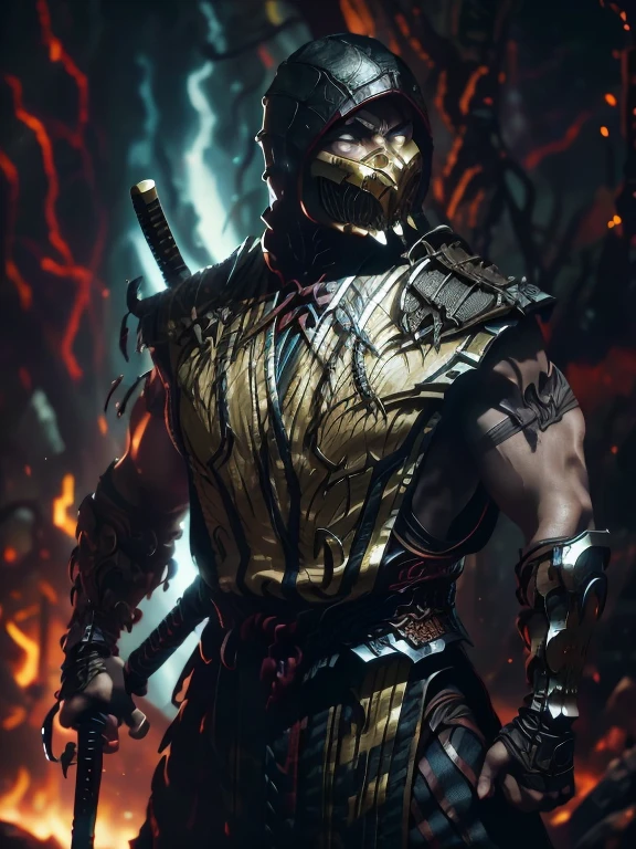 A cinematic marvel: Mortal Kombat's Scorpion Emerges in Ultra Hyper-Realistic Glory in Unreal Engine 5, a man in armor holding a sword standing in front of a fire, style of raymond swanland, inspired by Raymond Swanland, character from mortal kombat, by Raymond Swanland, epic exquisite character art, painted by andreas rocha, diablo digital concept art, scorpion from mortal kombat, mk ninja, mortal kombat 11, ronin, epic fantasy character art, in mortal kombat 