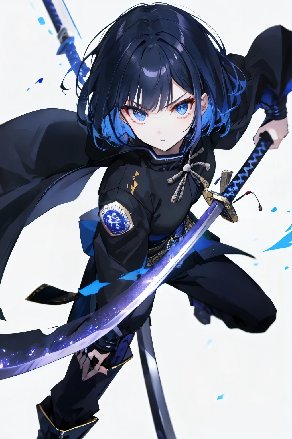 Tabletop, highest quality), (Perfect athletic body:1.2),,blue eyes、Black Hair、The inside of the hair is blue、Bobcut、Very detailed, Anime Style, whole body, Carries a long blue great sword and wears high-tech boots, 8K High Resolution, Trend Art Station, White Background, Standing in the Wilderness, whole body,Dressed in a black jacket、The Woman of Arafed,A very beautiful samurai(masterpiece), highest quality,, Perfect Face, Super detailed, One girl, alone, a goddess holding a ,Combat Stance, Dynamic Angle, attack battle form, Has a huge sword, Elusive , attack,Glare, Weapon close-up,, a decorative sword, It's full of momentum, the sky splits, thunder and lightning, Planetary explosion