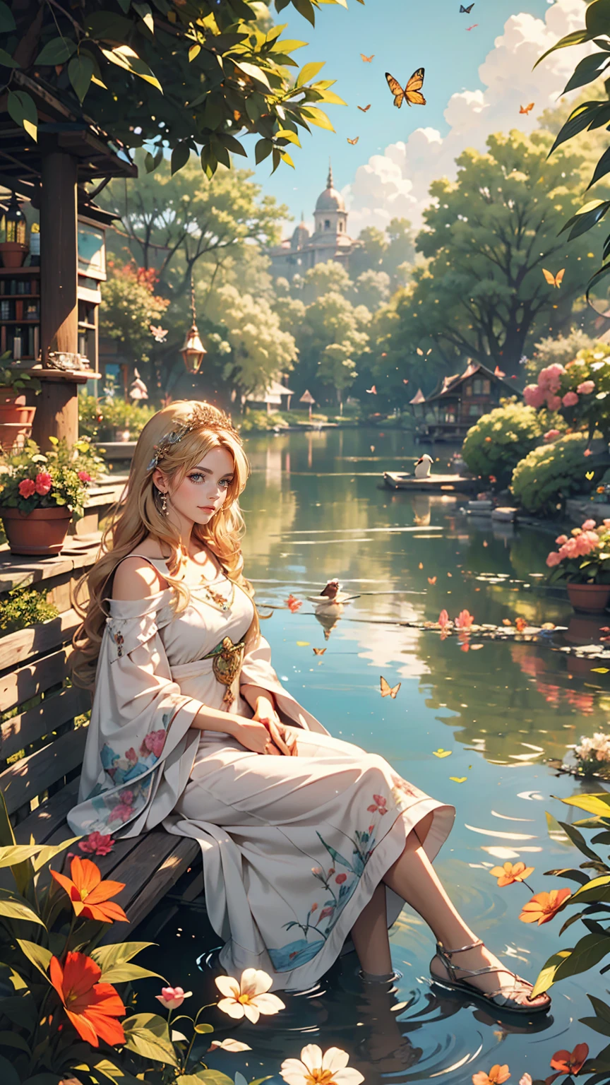 Depict a calm and peaceful lake, Surrounded by lush and colorful plants. On one of the riverbanks, White woman sitting, Happy and satisfied. Around the lake, birdsong, etc.、There are other friendly animals too, Butterflies flutter、Dragonflies buzzing around. Create a magical and enchanting scene!  