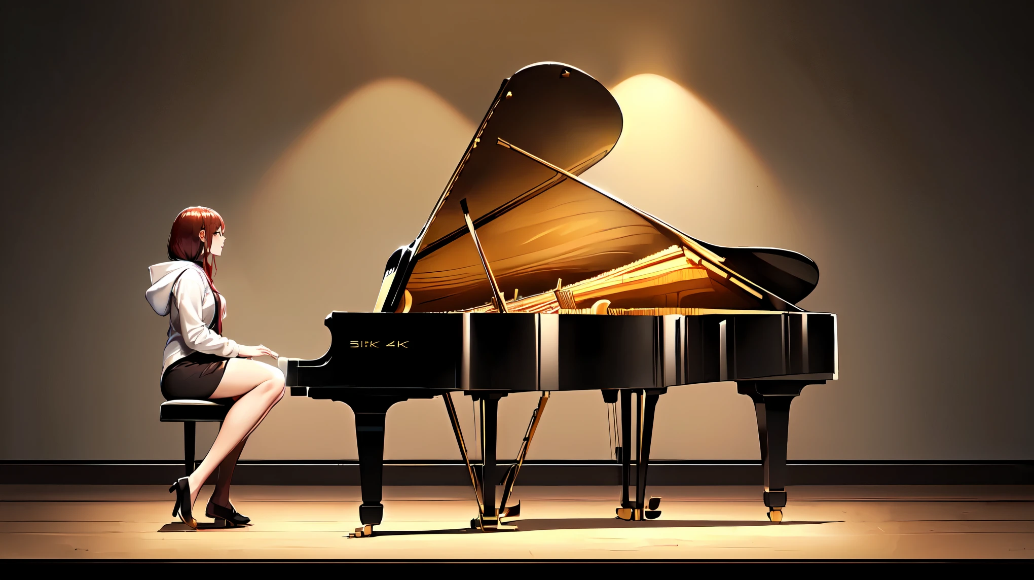 ((super high quality))((4K))((CD package))((long skirt))((recording booth))((one piano))((sweaty))((one woman playing piano and singing intensely))((long shot))((full shot)), divine view, high quality, woman in long white hoodie, cool woman, fantastic,, long thin woman legs, black tights,