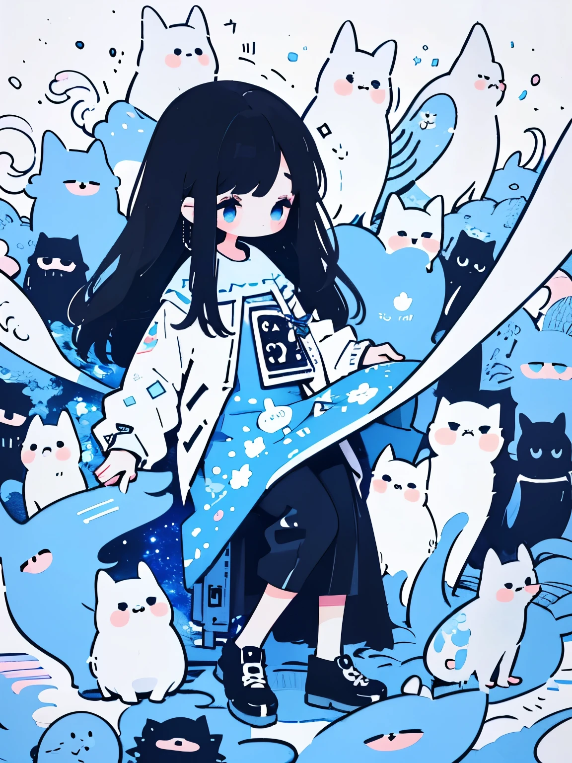 Anime girl with long black hair and blue dress holds stars., Cute art style, cute digital art, beautiful art illustrations, Cute detailed digital art., fairy tale illustration style, beautiful character drawings, Jinyoung Shinart, Beautiful digital illustrations, Cute illustration, 2D illustration, 2D illustration, Rossdraws 2. 5, cute digital paintings, Beautiful digital illustrations อยู่บนดวงจันมร์ พื้นหลุงเป็นอวกาศ, Beautiful imagination, universe