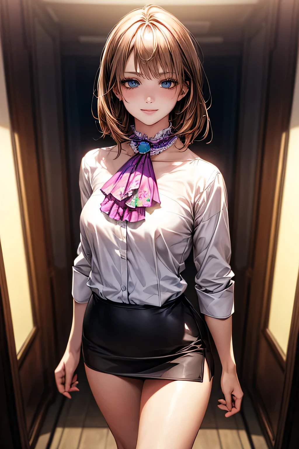 (masterpiece:1.2, highest quality), (Realistic, photoRealistic:1.4), Beautiful illustrations, (Natural Side Lighting, Cinema Lighting),
Looking at the audience, Face Focus, Upper Body, 1 female, (alone), Japanese, Perfect Face, Perfect body, Symmetrical cute face, Shiny skin, Baby Face, Medium Chest:1.4
((Medium Hair:1.4, Light brown hair)), Blue Eyes, Captivating thighs, thin,
Beautiful Hair, Beautiful Face, thin and beautiful eyes, Beautiful clavicle, Beautiful body, Beautiful breasts, Beautiful thighs, Beautiful feet, Beautiful fingers,
(((Ascot Shirt:1.3), Black tight skirt)),
(Beautiful views), evening, (office), Are standing, (Cute Smile, Excellent),