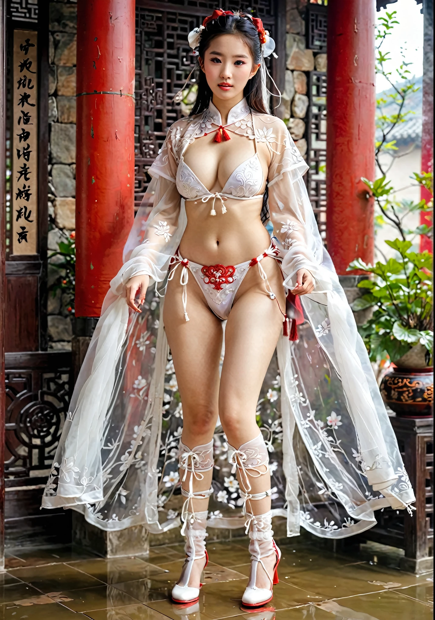 chinese princess, Fashionable Hanfu, shy, Embarrassed look,  Wearing red hat sexy red white bikini underwear, see-through clothing，see through underwear，see through cloak,  Long-legged girl, Put on white boots, ,full body xianxia,  Super huge breasts, Girl, 穿着fantasy服装, Real 8000g，Impeccable，masterpiece，Professional artwork，masterpiece，Light，Bloom，Perfect face，Pretty Face，fantasy，Fantastic and magical，not real，Intricate details，beautiful pattern