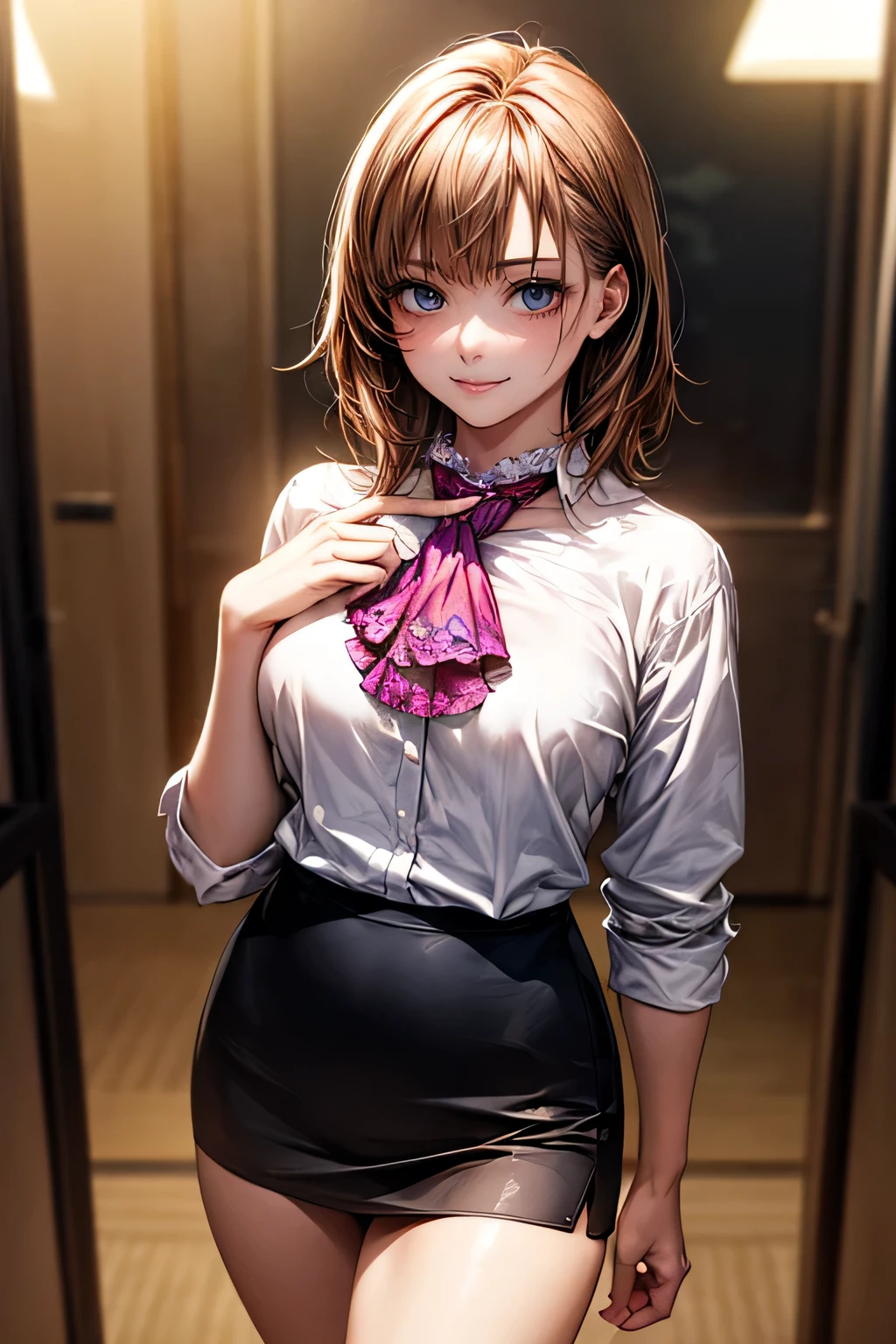 (masterpiece:1.2, highest quality), (Realistic, photoRealistic:1.4), Beautiful illustrations, (Natural Side Lighting, Cinema Lighting),
Looking at the audience, Face Focus, Upper Body, 1 female, (alone), Japanese, Perfect Face, Perfect body, Symmetrical cute face, Shiny skin, Baby Face, Medium Chest:1.4
((Medium Hair:1.4, Light brown hair)), Blue Eyes, Captivating thighs, thin,
Beautiful Hair, Beautiful Face, thin and beautiful eyes, Beautiful clavicle, Beautiful body, Beautiful breasts, Beautiful thighs, Beautiful feet, Beautiful fingers,
(((Ascot Shirt:1.3), Black tight skirt)),
(Beautiful views), evening, (office), Are standing, (Cute Smile, Excellent),