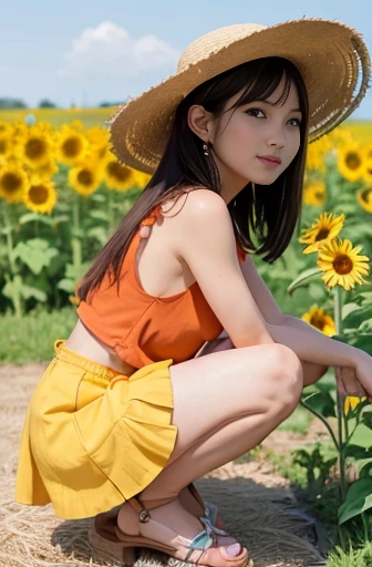 a lot of details, (slender waist), 30 years old, detailed black hair, beautiful detailed hair, super fucking beautiful, complex details beautiful and delicate eyes, perfect hands, (small breasts best quality), perfect and delicate limbs, detailed skin, best quality, ultra-detailed, (Girl in straw hat looking back in a field of sunflowers:1.1), (cute puppy:1.3), (wide view:1.2), best detailed girl, squatting, Air bangs, medium hair, cheerful grin, (orange tank top), (white frilled skirt), sandals, (sunlight:1.3), sea of flowers,