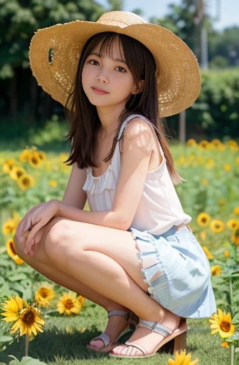 a lot of details, (slender waist), 30 years old, detailed black hair, beautiful detailed hair, super fucking beautiful, complex details beautiful and delicate eyes, perfect hands, (small breasts best quality), perfect and delicate limbs, detailed skin, best quality, ultra-detailed, (Girl in straw hat looking back in a field of sunflowers:1.1), (cute puppy:1.3), (wide view:1.2), best detailed girl, squatting, Air bangs, medium hair, cheerful grin, (orange tank top), (white frilled skirt), sandals, (sunlight:1.3), sea of flowers,