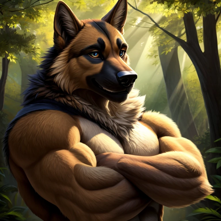 A male German shepherd suckling (A muscular, mammified male dog)
Full body image in highest quality, masterpiece rendering, trending on ArtStation. Detailed and intricate, this furry creation showcases a muscular masculine wolf with expressive eyes that radiate warmth and soft blue blush. His coat is a mix of light and dark fur, with the light fur appearing soft and fluffy, while the darker patches add depth and realism. He stands in a confident pose, with crossed arms and a wink in his bright, open smile. The setting is a tranquil forest scene, with a tree in the background and sunlight filtering through the leaves. The