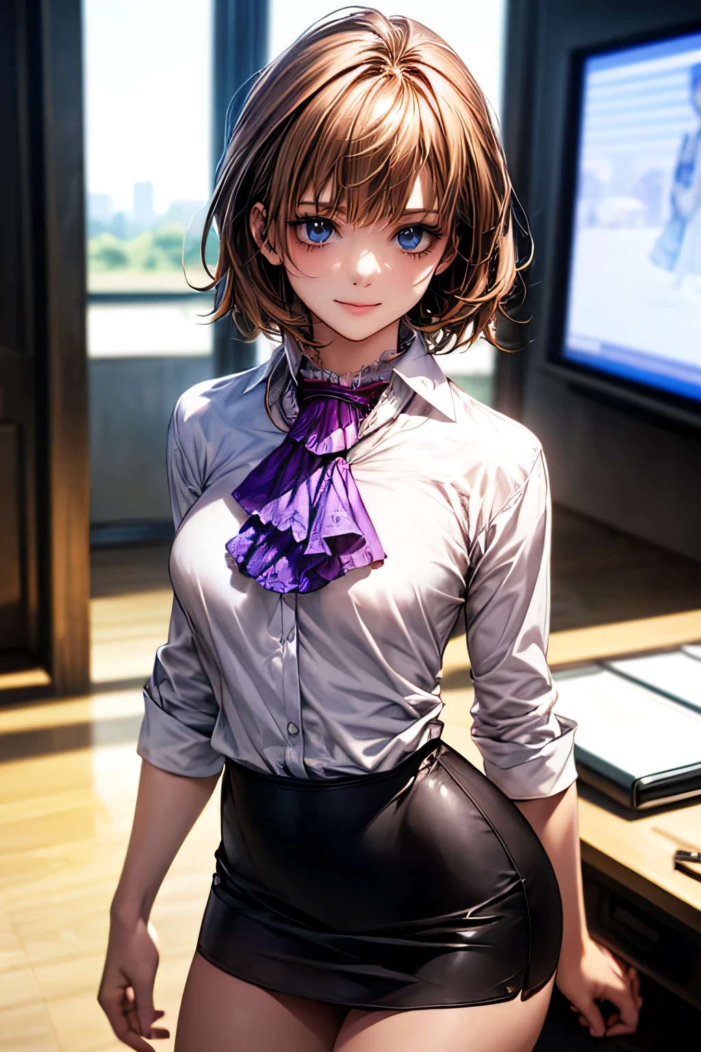 (masterpiece:1.2, highest quality), (Realistic, photoRealistic:1.4), Beautiful illustrations, (Natural Side Lighting, Cinema Lighting),
Looking at the audience, Face Focus, Upper Body, 1 female, (alone), Japanese, Perfect Face, Perfect body, Symmetrical cute face, Shiny skin, Baby Face, Medium Chest:1.4
((Medium Hair:1.4, Light brown hair)), Blue Eyes, Captivating thighs, thin,
Beautiful Hair, Beautiful Face, thin and beautiful eyes, Beautiful clavicle, Beautiful body, Beautiful breasts, Beautiful thighs, Beautiful feet, Beautiful fingers,
(((Ascot Shirt:1.3), Black tight skirt)),
(Beautiful views), evening, (office), Are standing, (Cute Smile, Excellent),
