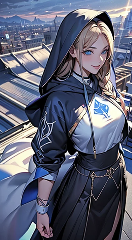 top-quality、Top image quality、​masterpiece、teens girl((Wearing a hood、Black hoodie with open chest、Black skirt、18year old、 Ager、Best Bust、big bast,Beautiful light blue eyes, Long Blonde Hair、A slender,Large valleys、Reflecting the whole body、Laugh、The best smile、dye one's cheeks red、stare、the eyes are shining、piece sign)),hiquality、Beautiful Art、Background with((On the rooftop、Beautiful Meteor、Yuki))​masterpiece、depth of fields,