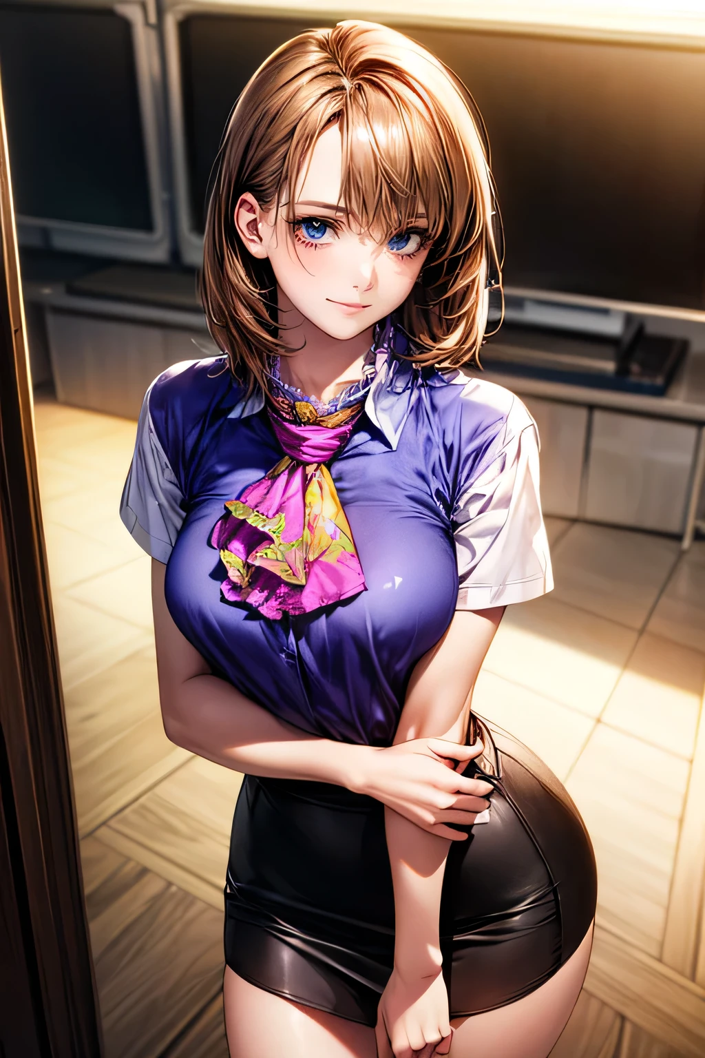 (masterpiece:1.2, highest quality), (Realistic, photoRealistic:1.4), Beautiful illustrations, (Natural Side Lighting, Cinema Lighting),
Looking at the audience, Face Focus, Upper Body, 1 female, (alone), Japanese, Perfect Face, Perfect body, Symmetrical cute face, Shiny skin, Baby Face, Medium Chest:1.4
((Medium Hair:1.4, Light brown hair)), Blue Eyes, Captivating thighs, thin,
Beautiful Hair, Beautiful Face, thin and beautiful eyes, Beautiful clavicle, Beautiful body, Beautiful , Beautiful thighs, Beautiful feet, Beautiful fingers,
(((Ascot Shirt:1.3), Black tight skirt)),
(Beautiful views), evening, (office), Are standing, (Cute Smile, Excellent),