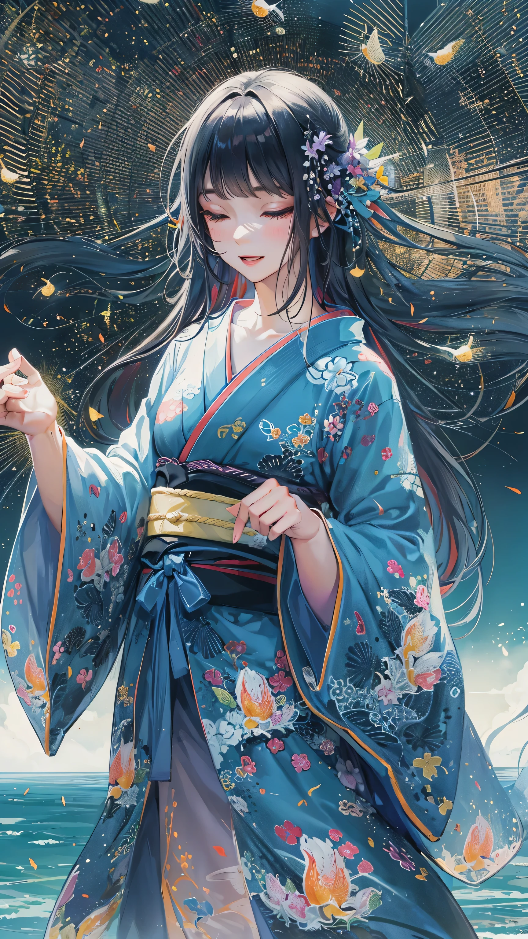 ((Summer Japanese clothing style)) (in a cute summer blue Kimono with Iris sanguinea), (solo blunt bangs black hair long hair sexy girl, 15, yo, sexy closed eyes, lovely smile), break, (in the Lake Shore with iris sanguinea:1.3) (((dancing fireflies:1.2 in night))), fantastic mood, perfect anatomy, masterpiece, best quality, 16k.