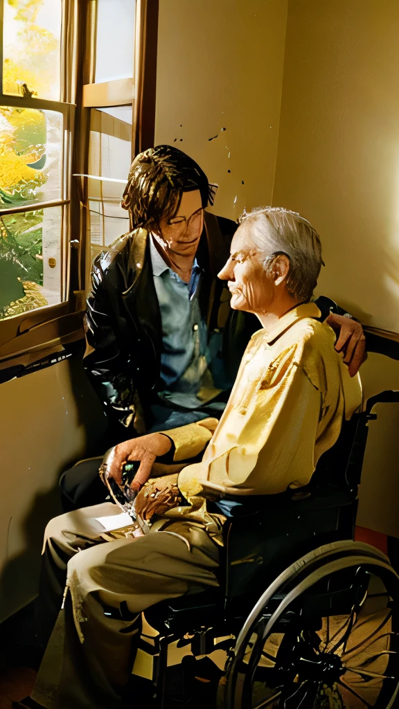Old person on wheelchair( Morrie), one young men beside him(Mitch Albom), they watched the window with Japanese maple tree.  Angle is left side window, right side them. colorful gold rays of light, ((color ink)),((splash ink)),((splash ink) ink}) ), masterpiece, high quality, 