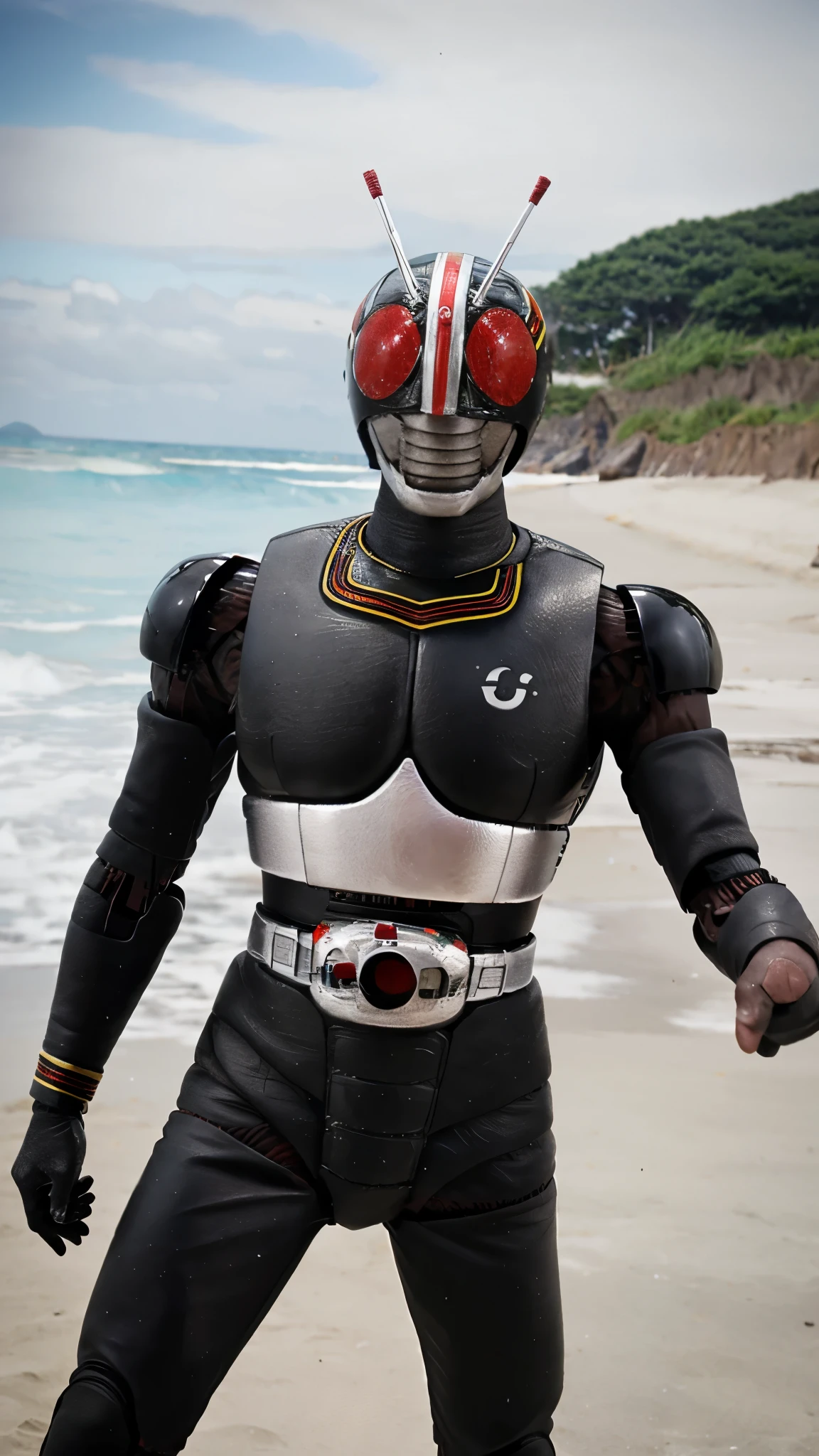 Kamen rider black, perfect face, ultra HD, realistic,
On the beach.