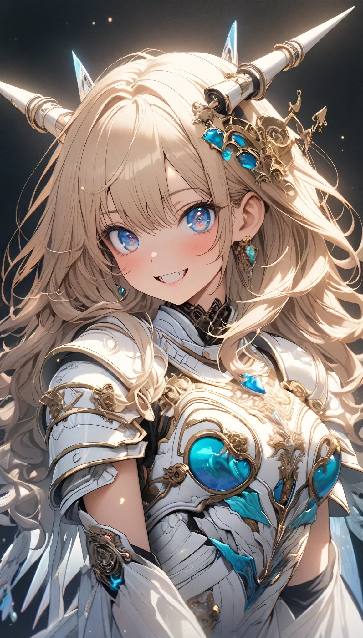 masterpiece, best quality, extremely detailed, high resolution, Japanese anime,1girl, gold hair, (medium length hair:1.4), curly hair, wavy hair, drill hair, (mechanical horn:1.5), mechanical wing, (blue eyes:1.5), (beautiful detailed eyes:1.4), laugh, 130cm tall, original character, fantasy, (black background:1.2), (full body:1.8), beautiful fingers, standing, (white blue lace frill armor dress:1.5), (bejeweled headgear:1.5) , shoot from front, looking at viewer