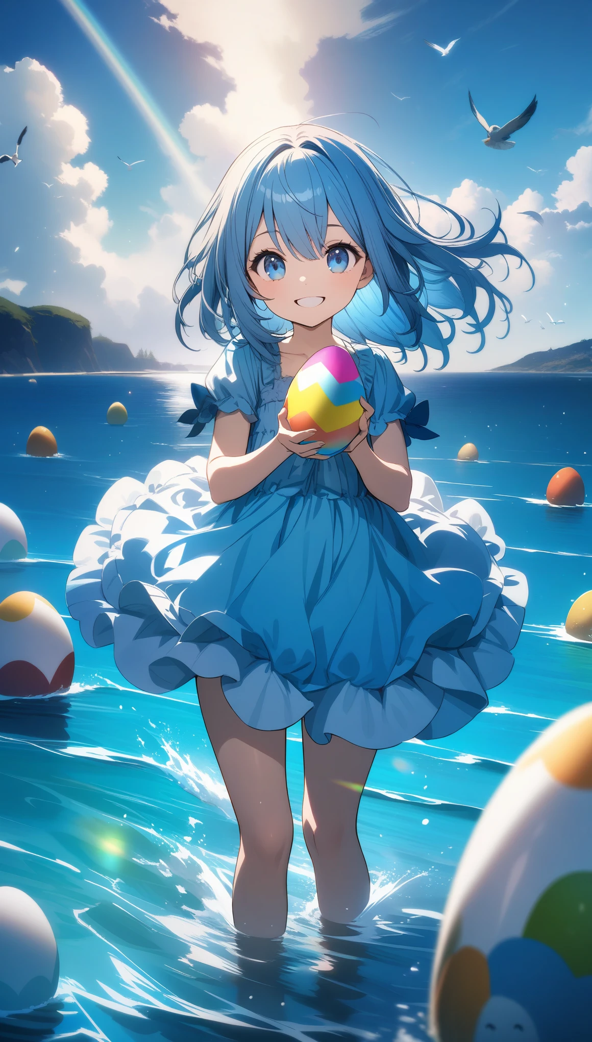 32k, best quality, ultra high res, HDR, UHD, extremely detailed CG, unity 32k wallpaper, A world full of eggs, Holding a rainbow-colored egg in both hands, Very cute girl, Blue Hair, blue eyes, A beautiful and cute blue dress, from the front, A very beautiful sea background, Standing on the water, Particles that glow blue, bird, cloud, Feathered girl, Smiling happily without showing teeth, 