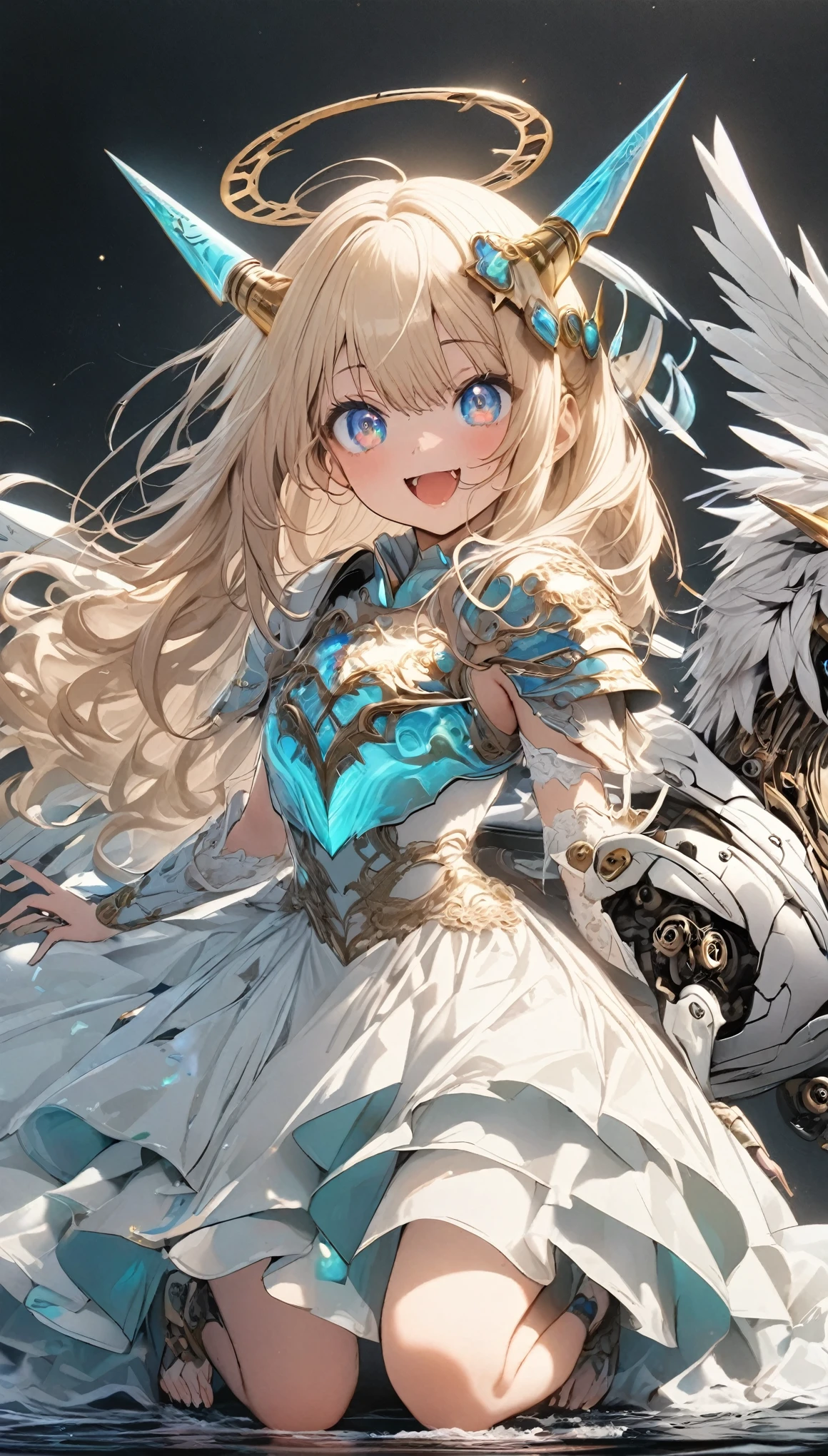 masterpiece, best quality, extremely detailed, high resolution, Japanese anime,1girl, gold hair, (medium length hair:1.4), curly hair, wavy hair, drill hair, (mechanical horn:1.5), mechanical wing, (blue eyes:1.5), (beautiful detailed eyes:1.4), laugh, 130cm tall, original character, fantasy, (black background:1.2), (full body:1.8), beautiful fingers, standing, (white blue lace frill armor dress:1.5), (bejeweled headgear:1.5) , shoot from front, looking at viewer