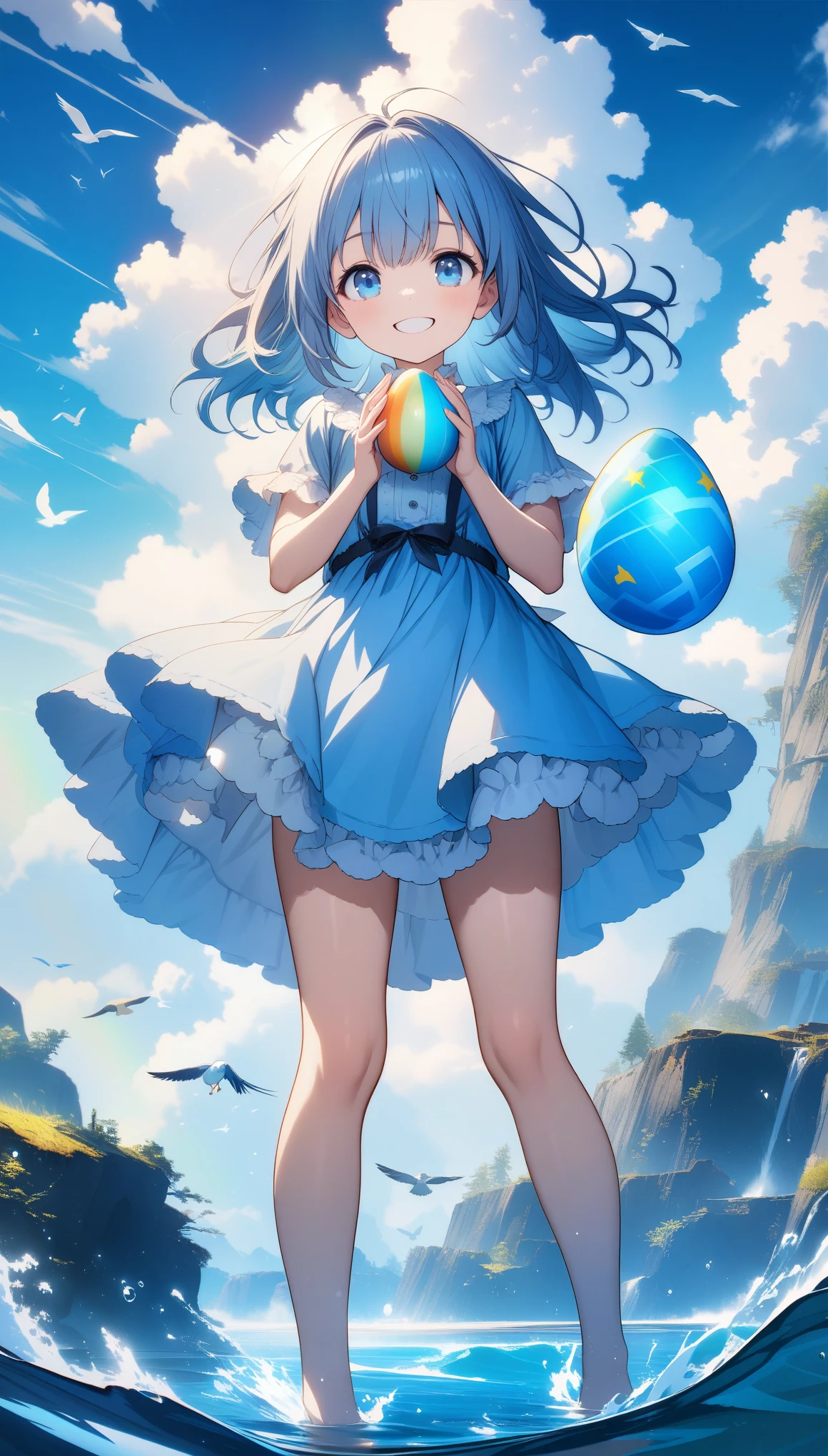 32k, best quality, ultra high res, HDR, UHD, extremely detailed CG, unity 32k wallpaper, A world full of eggs, Holding a rainbow-colored egg in both hands, Very cute girl, Blue Hair, blue eyes, A beautiful and cute blue dress, from the front, A very beautiful sea background, Standing on the water, Particles that glow blue, bird, cloud, Feathered girl, Smiling happily without showing teeth,