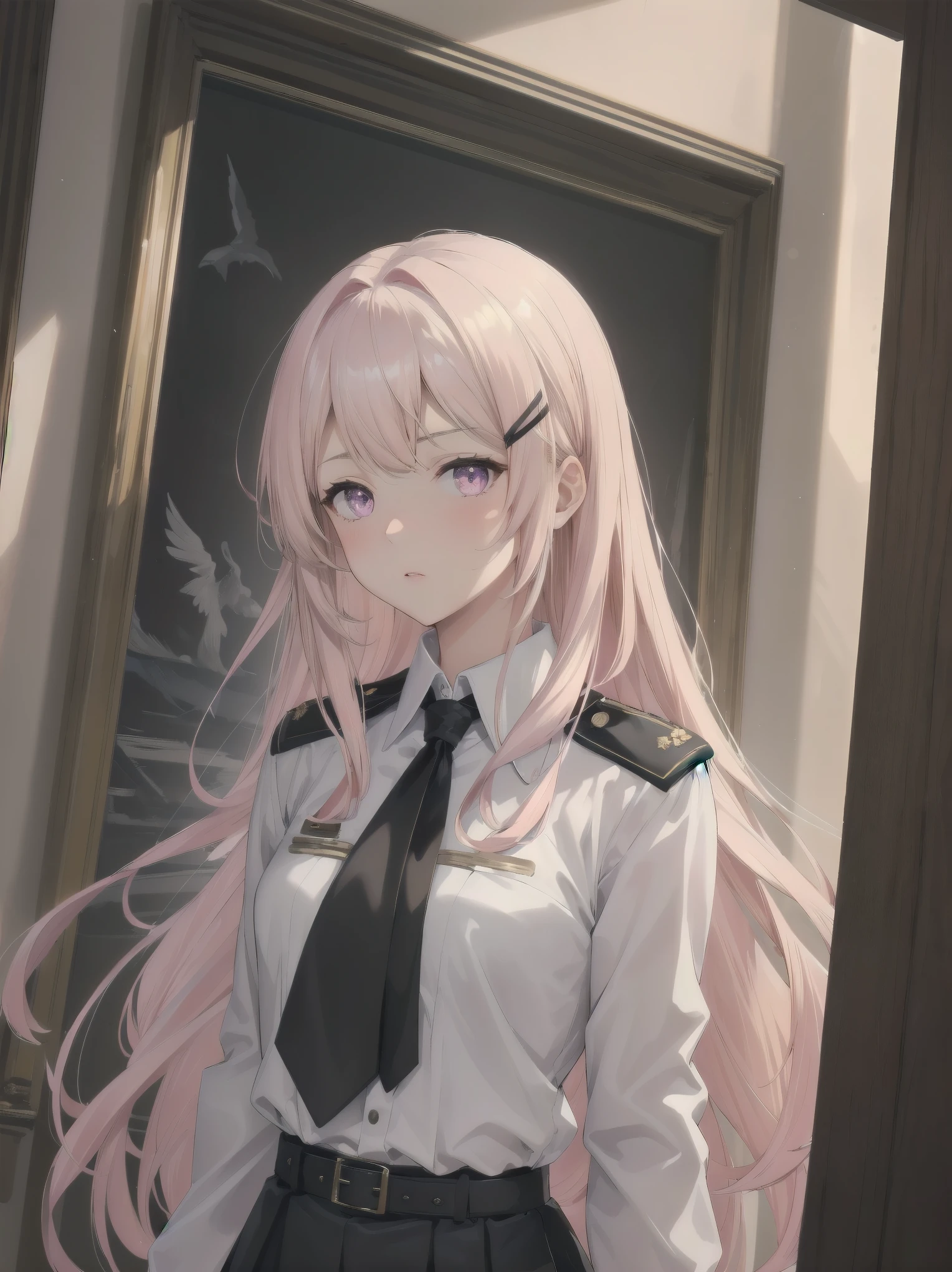 The girl wore a black German military uniform, The girl was draped in a black cloak, surreal, granblue fantasy style, extremely delicate and beautiful, upper body, looking at viewers, focus on eyes, hands behind back, grace, Perfect female body, girlan extremely delicate and beautiful girl, young, Very long hair, sliver hair, big forhead, hair over shoulder, shiny platinum blonde hair, long hair flowing with the wind, detailed face, serious, beatiful detailed eyes, medium chest circumference, white skin, holster, necktie, black capelet, gloves, German military uniform, black gauze skirt, formal, black Clothes, indoors, palace, State banquet, best masterpiece, hyper quality, ultra-detailed,purple eyes,Military uniform,1girl, solo, long hair, pink hair, hairclip, bangs, pink eyes, , pink bow, white shirt, collared shirt, long sleeves, grey skirt