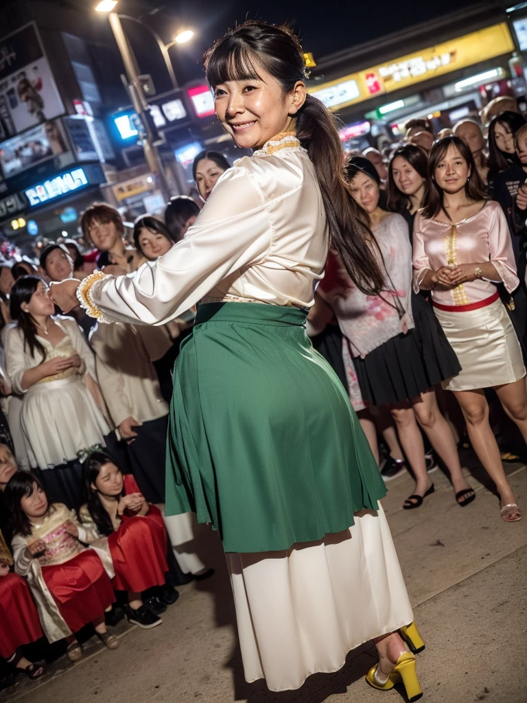 ((highest quality)), ((8K)), ((masterpiece: 1.3)), (Perfect appearance), (Photorealism: 1.6), (Japanese mature women passing by in the crowd), (Turning towards me with just her face), (Shibuya scramble crossing at night: 1.4), (In the middle of the scramble intersection: 1.2), (Detailed background), (60 years old, Japanese Mature), (Beautiful Japanese mature woman: 1.2), ((Realistic skin texture)), (Fine lines all over the skin), (Dull skin), (Moisture wrinkles on the face), (Wrinkles around the eyes), double eyelid, Tear bags under the eyelids, Looking back and smiling gently, (Short bangs: 1.2), Straight long hair, (Hair tied back: 1.2), hair with natural movement, (A wide-necked blouse and a plain long skirt: 1.4), High heels, (Full body portrait: 1.4), (Angle from the legs: 1.4),