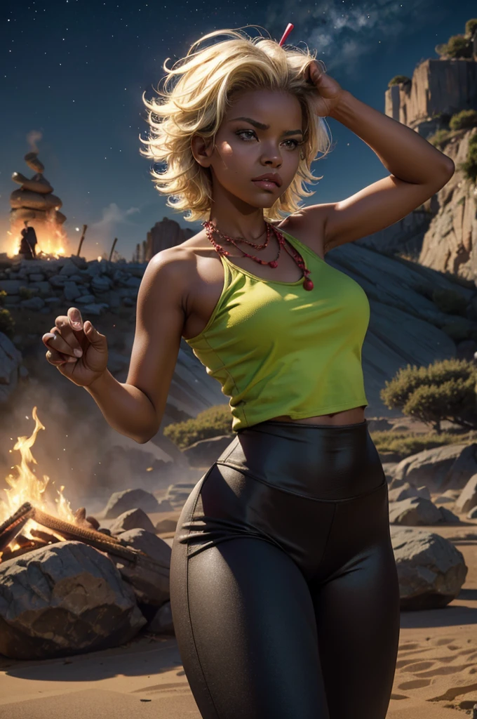 arslanaltan, 1girl, blonde hair, short hair, green eyes, dark skin, brown skin, hair ornament, t-shirt, bare shoulders, yoga pants, necklace, (Masterpiece, Best Quality, Highres:1.2), Detailed, Intricate Details, 4K, solo, cowboy shot, high rating, fighting stance, fighting pose, mountainside, bonfire, crowd, night, stars, closed mouth, serious look, serious expression, looking at viewer,