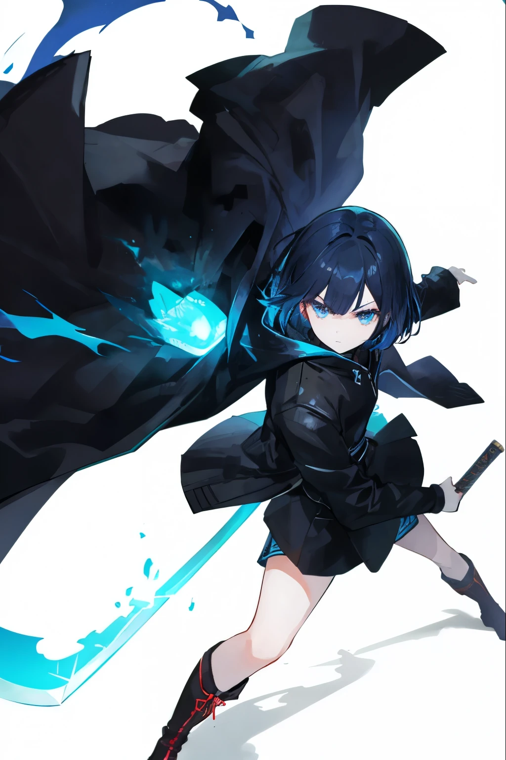 Tabletop, highest quality), (Perfect athletic body:1.2),,blue eyes、Black Hair、The inside of the hair is blue、Bobcut、Very detailed, Anime Style, whole body, Carries a long blue great sword and wears high-tech boots, 8K High Resolution, Trend Art Station, White Background, Standing in the Wilderness, whole body,Dressed in a black jacket、The Woman of Arafed,A very beautiful samurai(masterpiece), highest quality,, Perfect Face, Super detailed, One girl, alone, a goddess holding a ,Combat Stance, Dynamic Angle, attack battle form, Has a huge sword, Elusive , attack,Glare, Weapon close-up,, a decorative sword, It's full of momentum, the sky splits, thunder and lightning, Planetary explosion