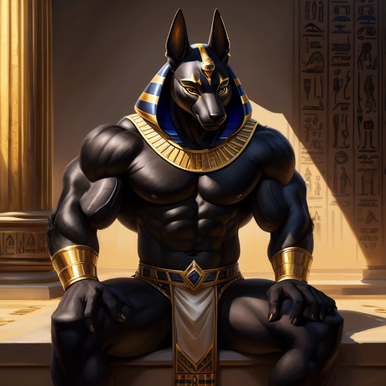Anubis ((actual)), Upload to E621, by Garmash,Ruan Jia, black gem, human nature, male, ((( fine fluffy fur))), ((sitting)), detailed actual painting, (((biceps))), (((shadow))) extreme details, ((Anubis)), loincloth, black body,remains,Egyptian gold jewelry
