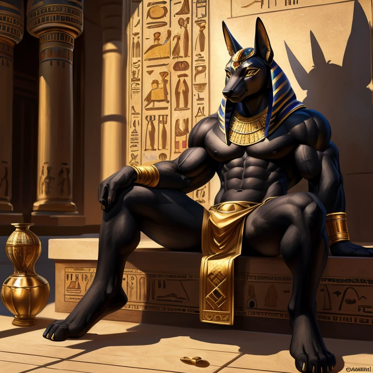Anubis ((actual)), Upload to E621, by Garmash,Ruan Jia, black gem, human nature, male, ((( fine fluffy fur))), ((sitting)), detailed actual painting, (((biceps))), (((shadow))) extreme details, ((Anubis)), loincloth, black body,remains,Egyptian gold jewelry