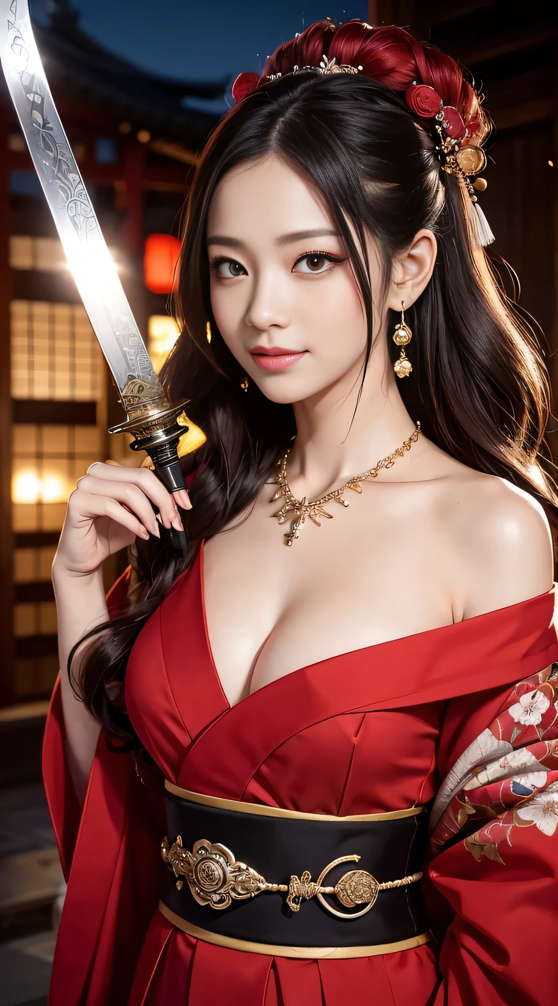 8K Ultra HD, Digital SLR,Film Grain, Fujifilm XT3,(highest quality:1.3), (masterpiece:1.1), High resolution, Cinematic Light, Intricate details, (Realistic) (Night view) Realistic backlight、Dramatic red toned light、Beautiful Japanese Geisha full body photo, ((Facial texture Pore details)), Grin、Devilish smile, Simple messy hairstyle, Wearing a black satin kimono with a traditional dragon motif, Open shoulders, Colorful dragon tattoos all over the body, Has a long blade, Inside a traditional villa,((Holding a white-hilted Japanese sword、A black sheath is worn on the waist)),, 8k, Front blur,Ultra HD, Digital SLR,Film Grain, Fujifilm(8k, highest quality, masterpiece:1,2), (Realistic, Realistic:1.37), Very detailed, One Girl,), (Very detailed), (Detailed and beautiful eyes), (highest qualityの), (Very detailed ), (masterpiece), (Detailed face),woman((19 years old)), hair((red, Wavy, length)), eye ((red eye, big eye)), Clothes((kimono,big slit, Red floral pattern)), accessories ((Earrings, necklace)), Huge breasts, big , smile, background,Long Hair,Red Clothes,Cowboy Shot