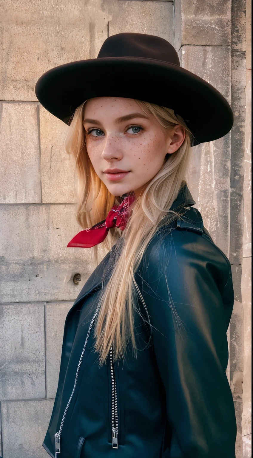 mulher, americana, 25 anos, pale skin and freckles, olhos cinzas, nariz delicado, soft and delicate lips, longo, cabelo blondie longo e ondulado na altura da cintura, sorriso meigo, face with delicate feminine facial features, altamente renderizado