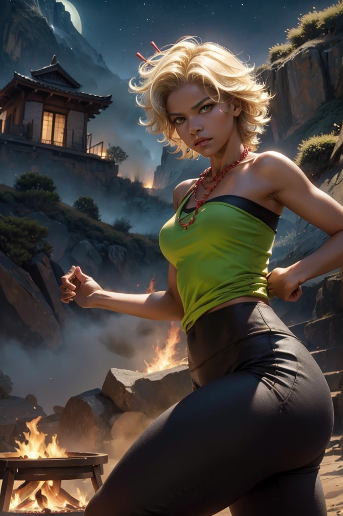 arslanaltan, 1girl, blonde hair, short hair, green eyes, dark skin, brown skin, hair ornament, t-shirt, bare shoulders, yoga pants, necklace, (Masterpiece, Best Quality, Highres:1.2), Detailed, Intricate Details, 4K, solo, cowboy shot, high rating, fighting stance, fighting pose, mountainside, bonfire, crowd, night, stars,  closed mouth, serious look, serious expression, looking at viewer,