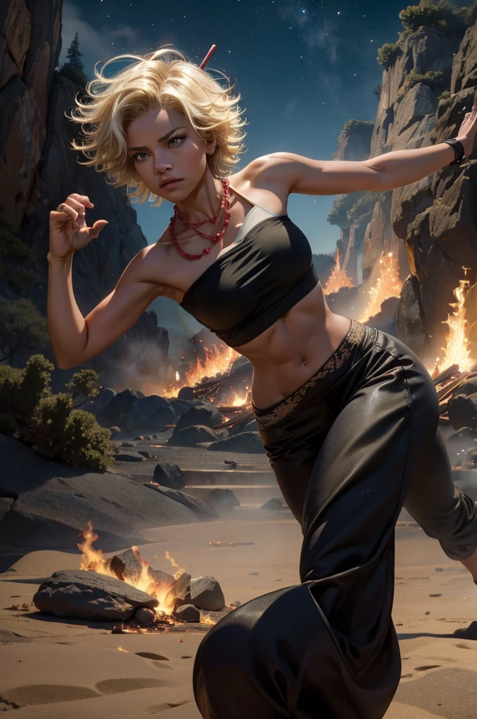 arslanaltan, 1girl, blonde hair, short hair, green eyes, dark skin, brown skin, hair ornament, t-shirt, bare shoulders, yoga pants, necklace, (Masterpiece, Best Quality, Highres:1.2), Detailed, Intricate Details, 4K, solo, cowboy shot, high rating, fighting stance, fighting pose, mountainside, bonfire, crowd, night, stars,  closed mouth, serious look, serious expression, looking at viewer,