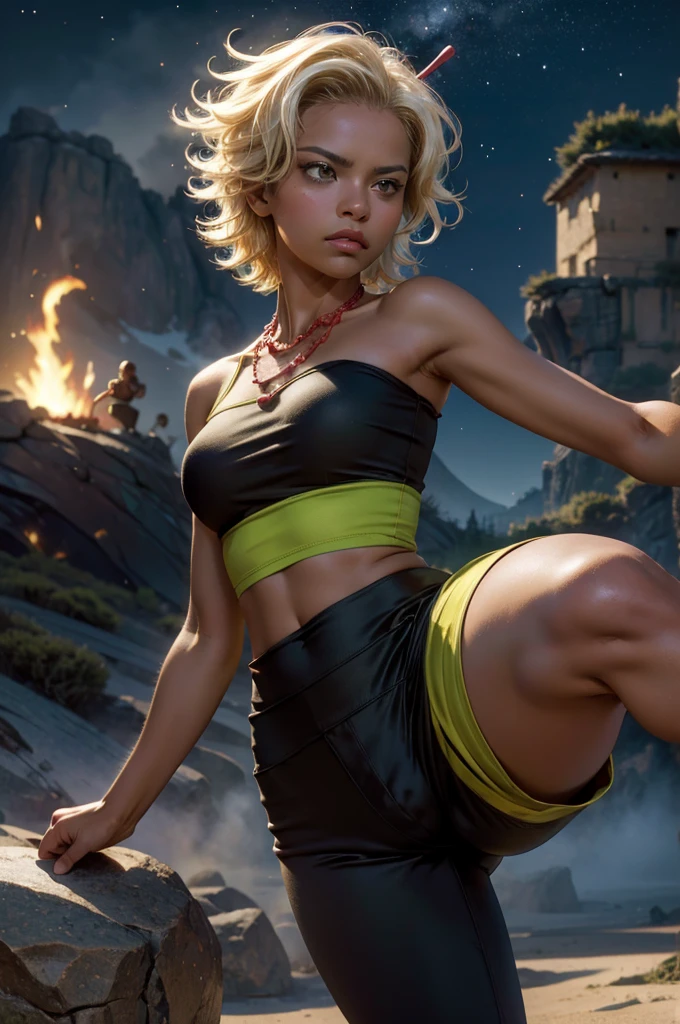 arslanaltan, 1girl, blonde hair, short hair, green eyes, dark skin, brown skin, hair ornament, t-shirt, bare shoulders, yoga pants, necklace, (Masterpiece, Best Quality, Highres:1.2), Detailed, Intricate Details, 4K, solo, cowboy shot, high rating, fighting stance, fighting pose, mountainside, bonfire, crowd, night, stars,  closed mouth, serious look, serious expression, looking at viewer,