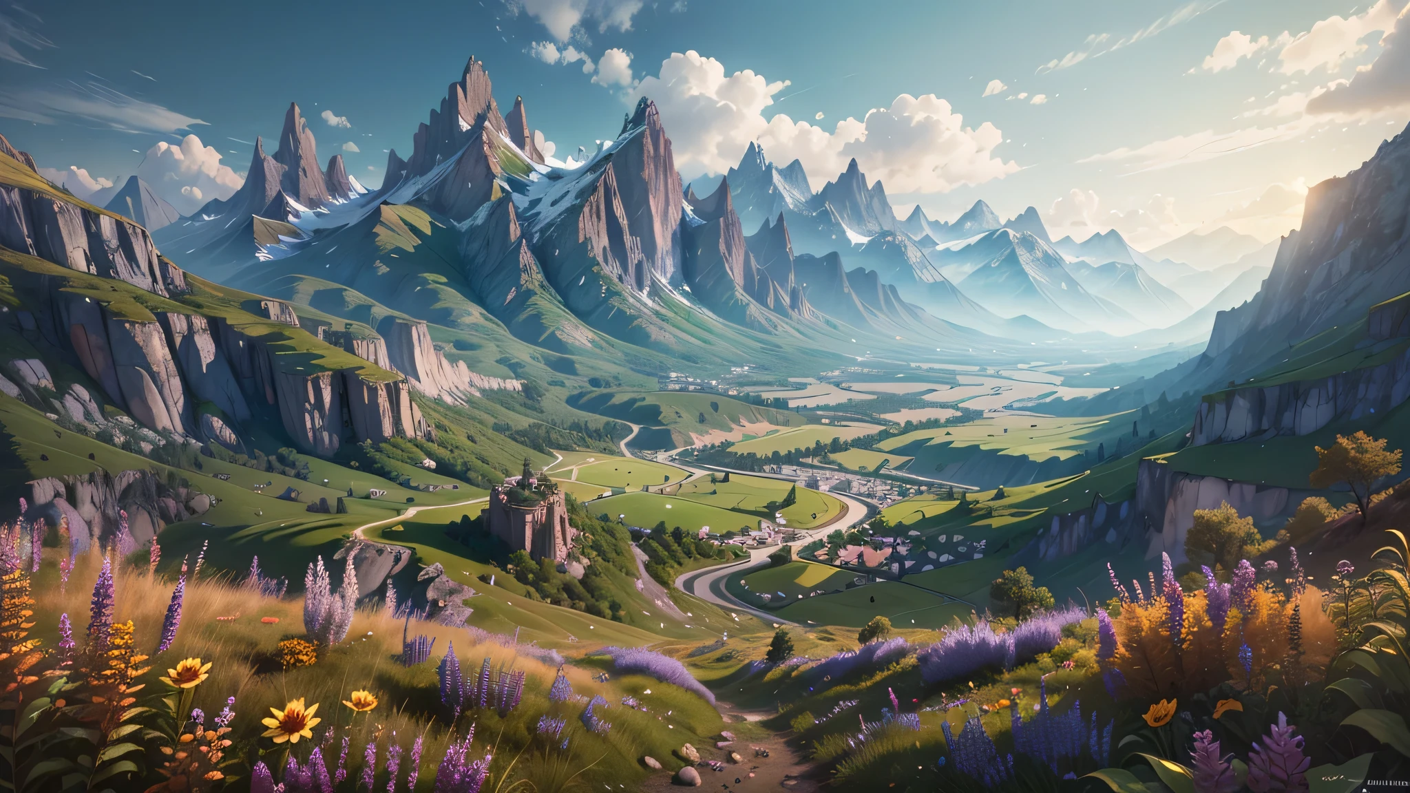 mountains, wild fields, fantasy world, glories sky, brilliant, glories, wide shot, focus on the environment, masterpiece, ultra-detailed, award-winning, 8k, cg effect, realistic