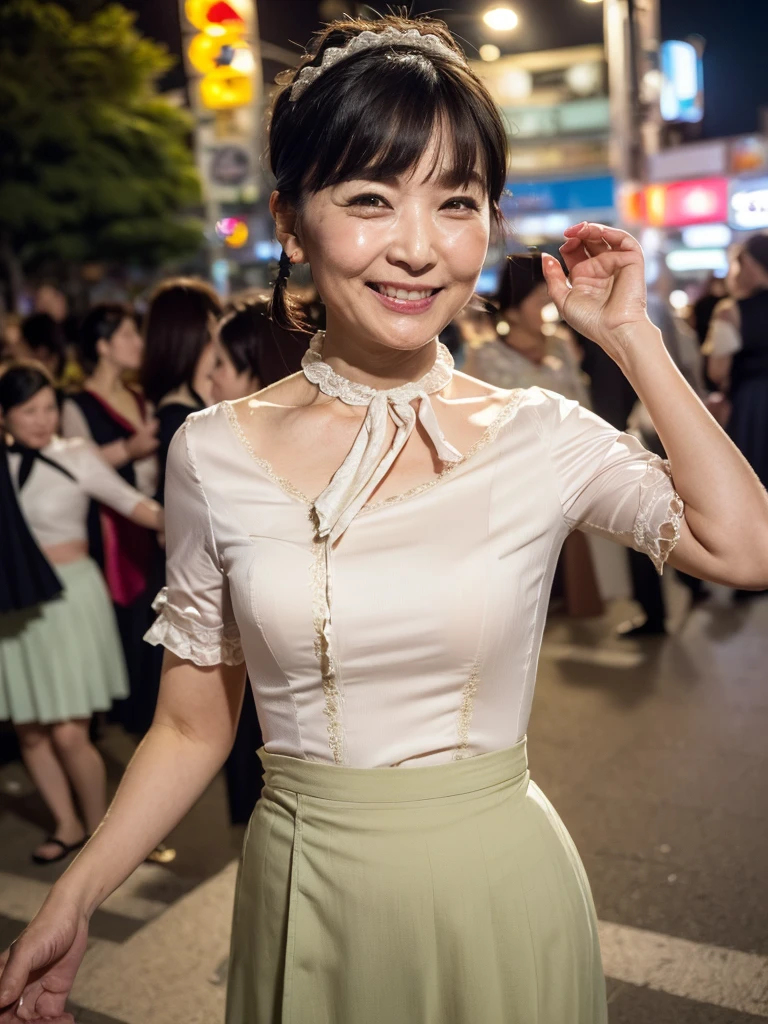 ((highest quality)), ((8K)), ((masterpiece: 1.3)), (Perfect appearance), (Photorealism: 1.6), (Japanese mature women passing by in the crowd), (Turning towards me with just her face), (Shibuya scramble crossing at night: 1.4), (In the middle of the scramble intersection: 1.2), (Detailed background), (60 years old, Japanese Mature), (Beautiful Japanese mature woman: 1.2), ((Realistic skin texture)), (Fine lines all over the skin), (Dull skin), (Moisture wrinkles on the face), (Wrinkles around the eyes), double eyelid, Tear bags under the eyelids, Looking back and smiling gently, (Short bangs: 1.2), Straight long hair, (Hair tied back: 1.2), hair with natural movement, (A wide-necked blouse and a plain long skirt: 1.4), High heels, (Full body portrait: 1.4), (Angle from the legs: 1.4),