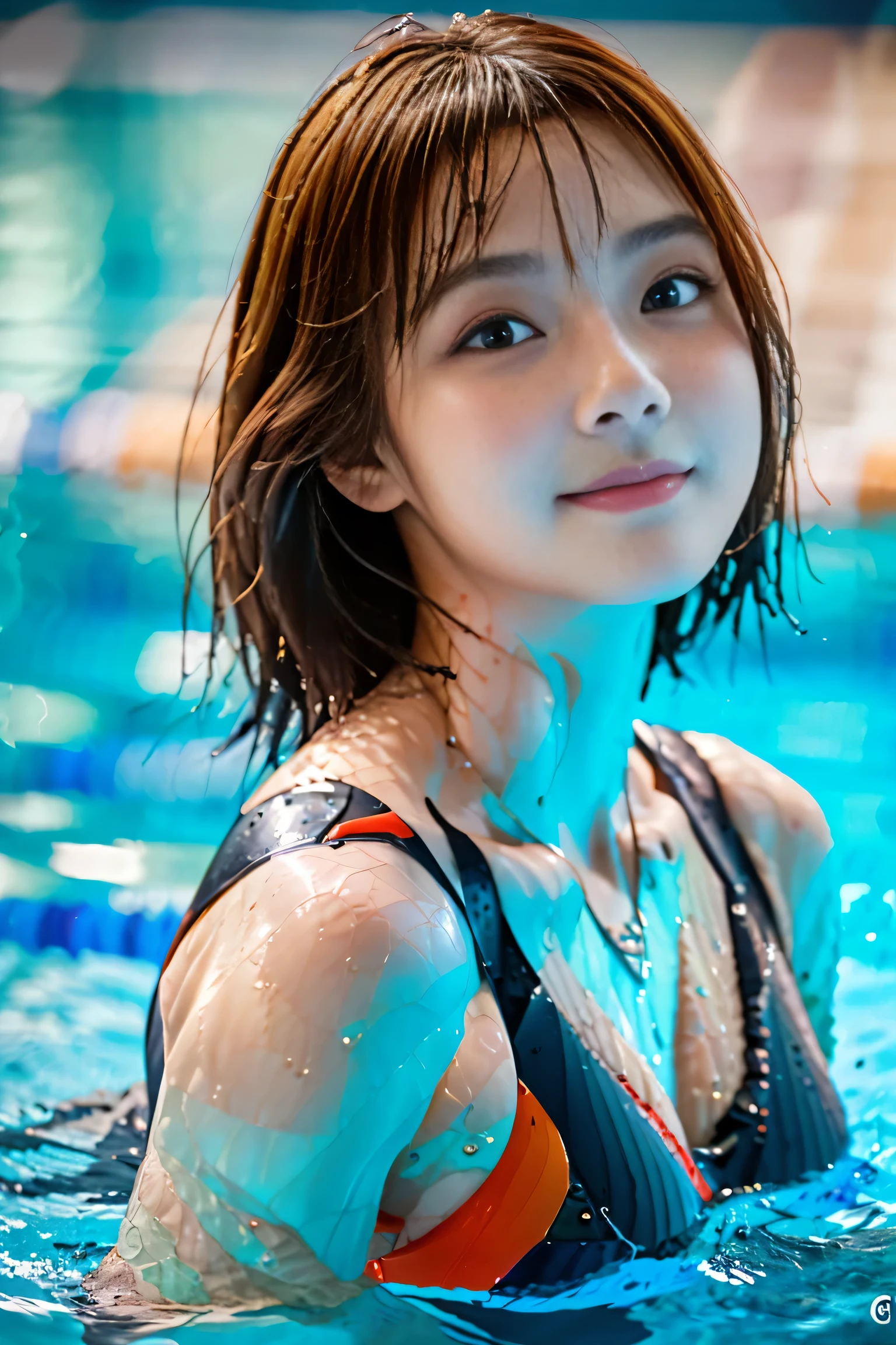 (swimming school:1.5), (1. Female), (The best quality at its best:1.4), (Super detailed), (Very detailed CG unified 16k), Beautiful woman with perfect figure: 1.4, Sharp focus: 1.2, Very detailed, High-quality RAW color photos, Professional photography, Great face and eyes, cosmetics, (Amazingly beautiful girl), ((Swimming wear:1.5)), Sexy posture,(View from below), Realistic movie faces, Wide zoomed out view of head to foot length, Full body long view, Realistic, ((Realistic natural orange red hairstyle, Realistic blue eyes)), ( Short Bob Hair:1.5), (necklace:1.5)、, Very beautiful face, Perfect model beauty, Mouth swelling, Highly detailed face and skin texture, Fine grain, double eyelid, Medium chest, smile, Crack, west, (masterpiece), highest quality, High resolution, Very detailed, Blurred Background, Depth of written boundary, Cinema Lighting, Great legs, , Clear, well-maintained skin, (((Women make up the majority of the photo)))